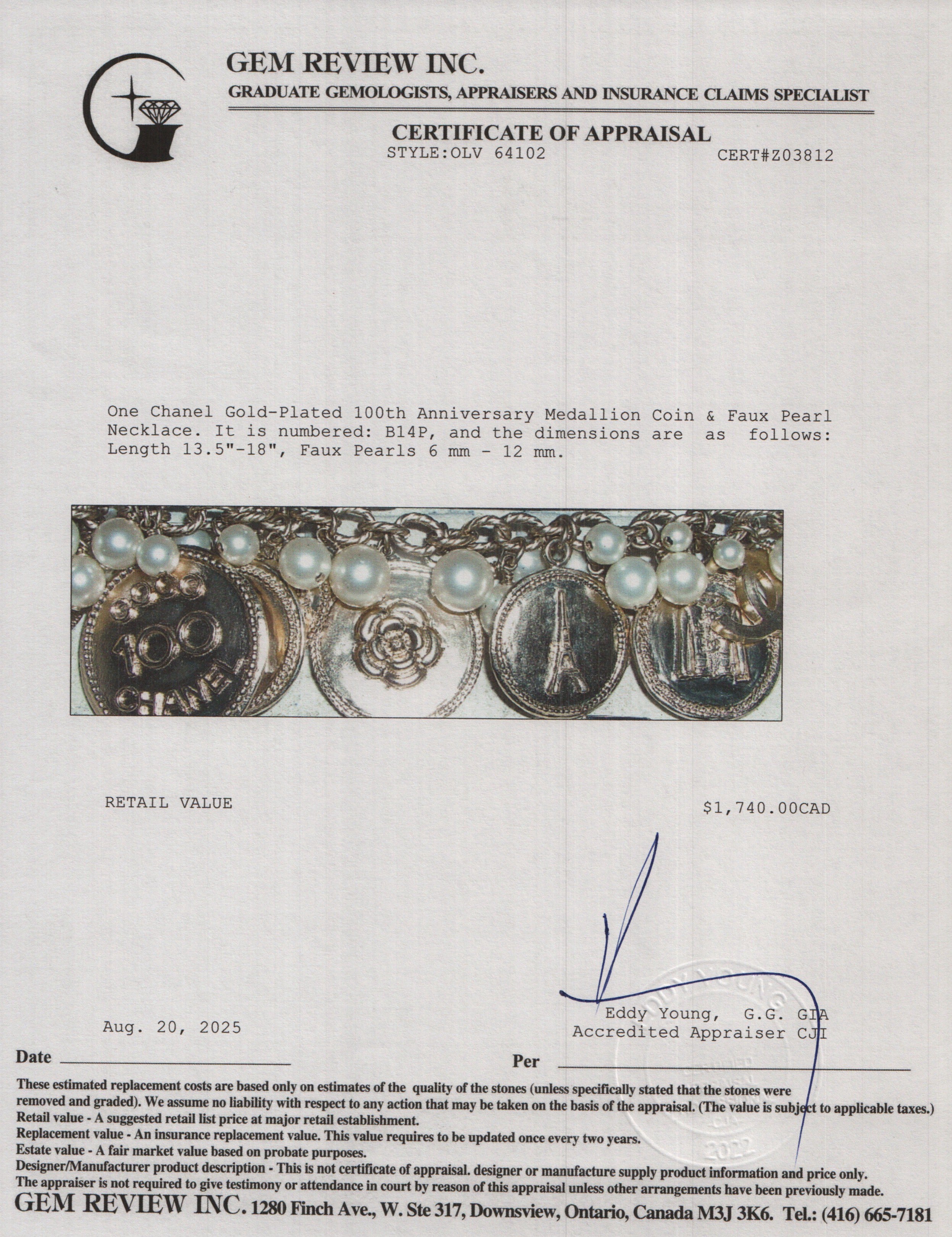 Chanel Gold-Plated 100th Anniversary Medallion Coin & Faux Pearl Necklace w/ Box