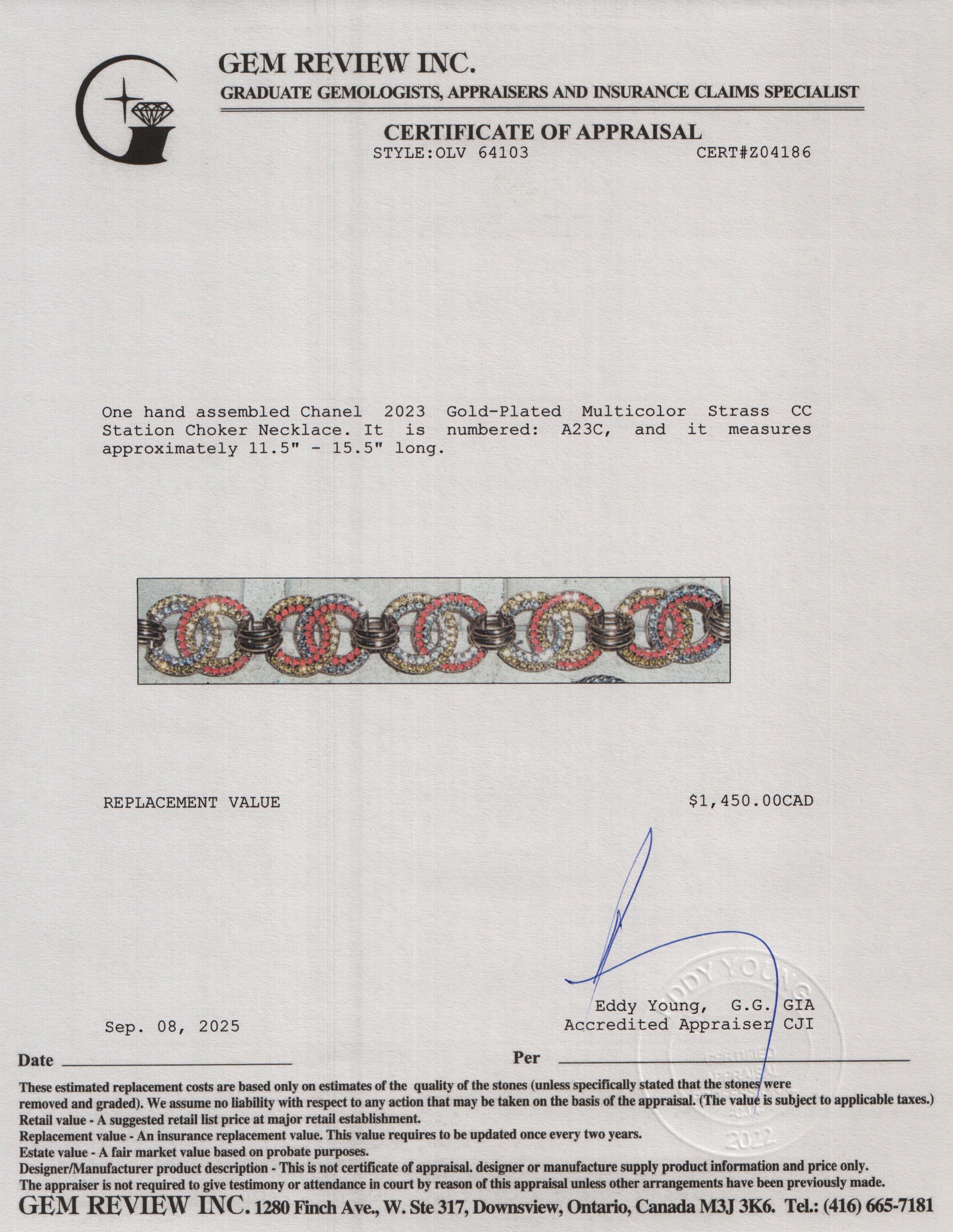 Chanel 2023 Gold-Plated Multicolor Strass CC Station Choker Necklace w/ Box