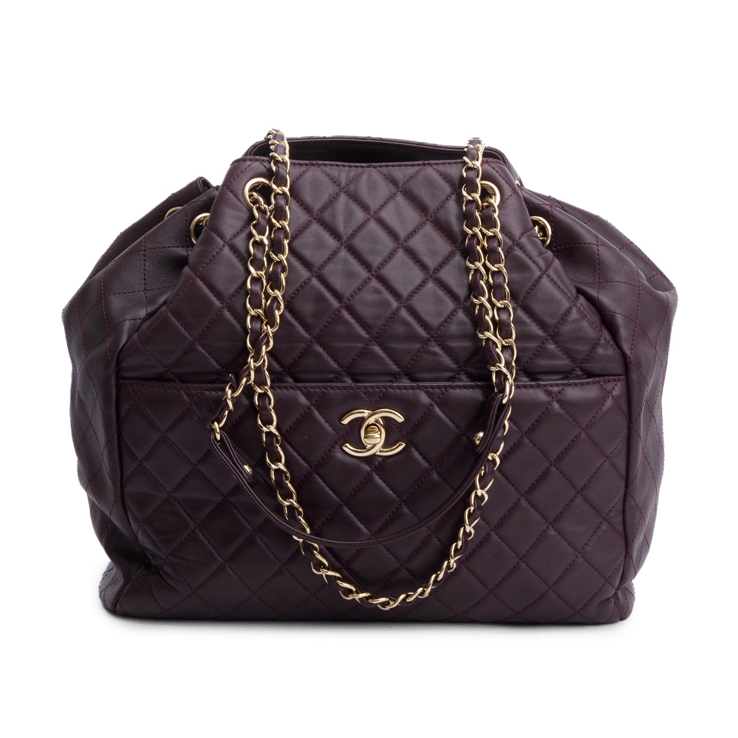 Chanel Purple Quilted Lambskin Drawstring Tote Bag