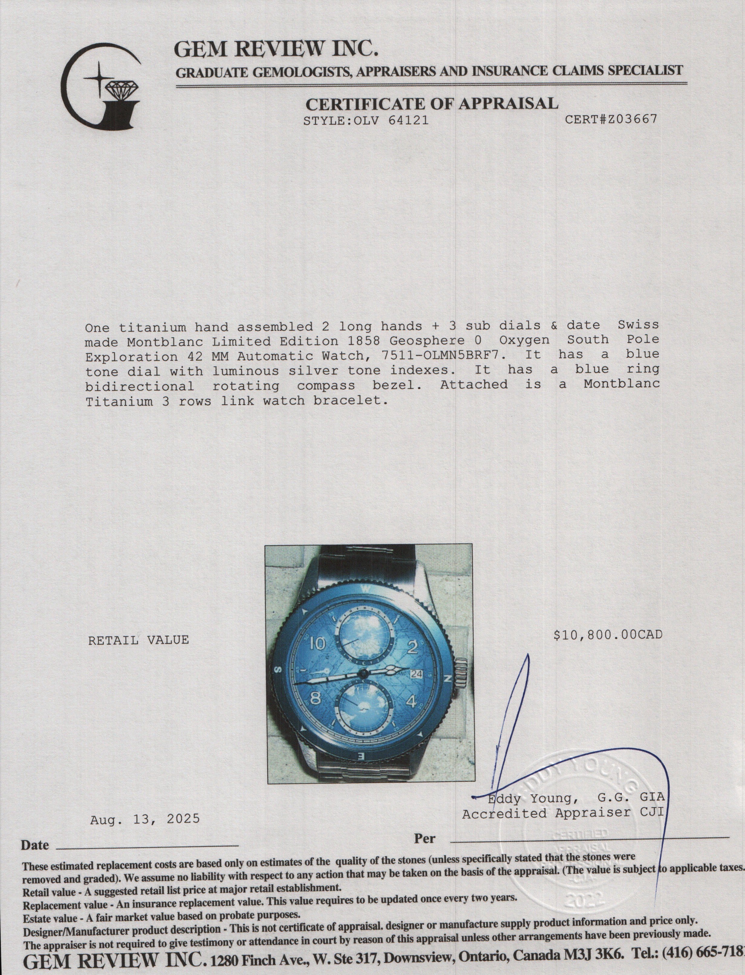 Montblanc 2023 Limited Edition Titanium 1858 Geosphere 0 Oxygen South Pole Exploration 42 MM Automatic Watch Blue Dial 7511 w/ Box & Papers