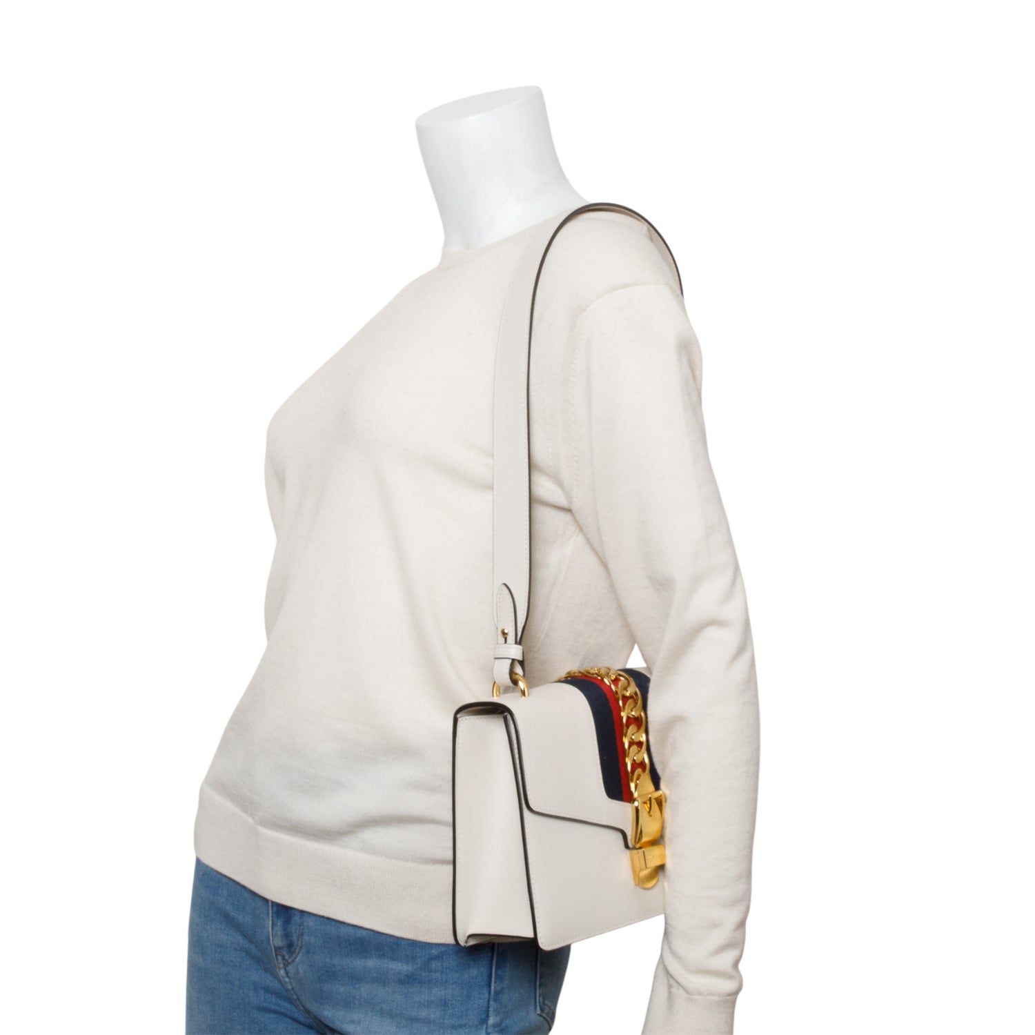 Gucci White Calfskin Leather Small Sylvie Shoulder Bag w/ Straps