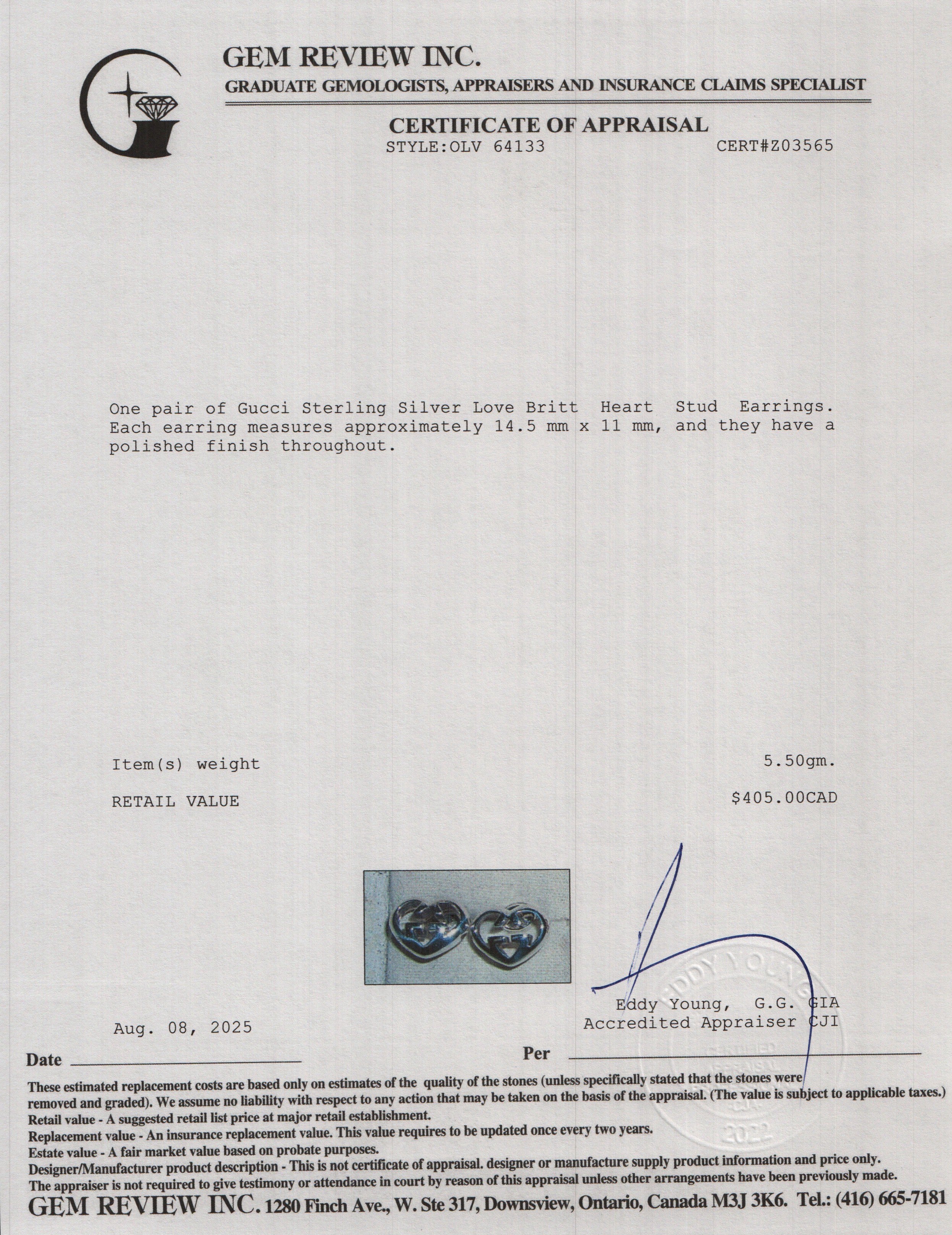 Gucci Sterling Silver Love Britt Heart Stud Earrings