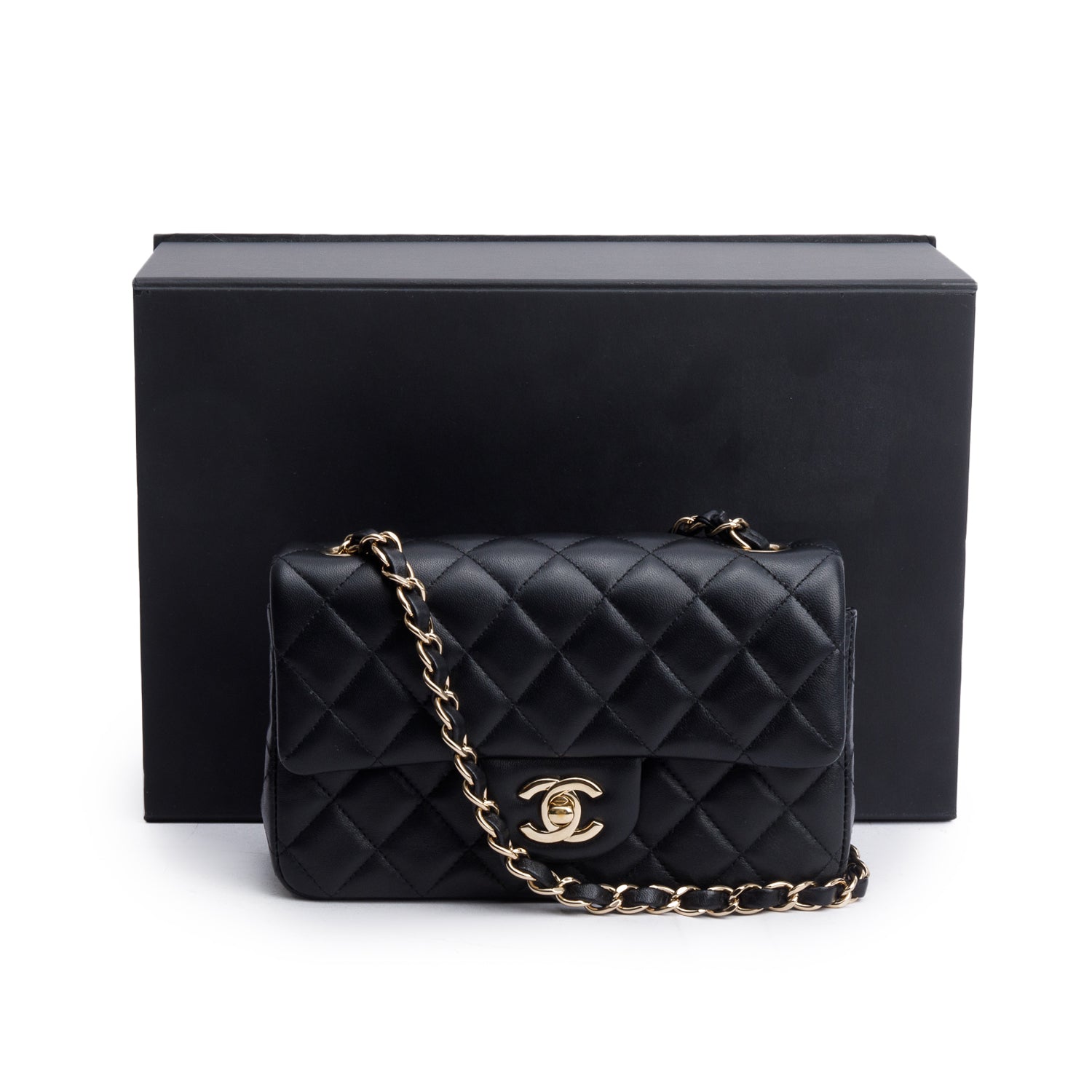 Chanel Black Lambskin Quilted Mini Rectangular Flap Bag w/ Box
