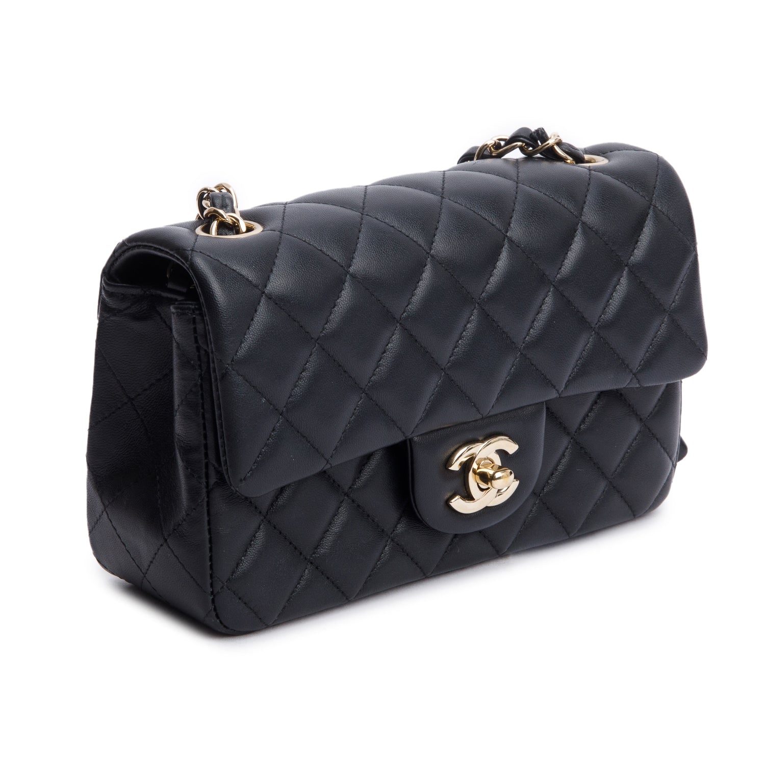 Chanel Black Lambskin Quilted Mini Rectangular Flap Bag w/ Box