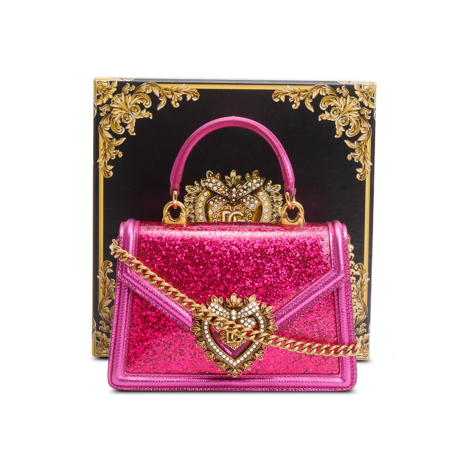 Dolce & Gabbana Pink Glitter Lizzard Small Devotion Top Handle Bag w/ Box, Chain & Authenticity Card