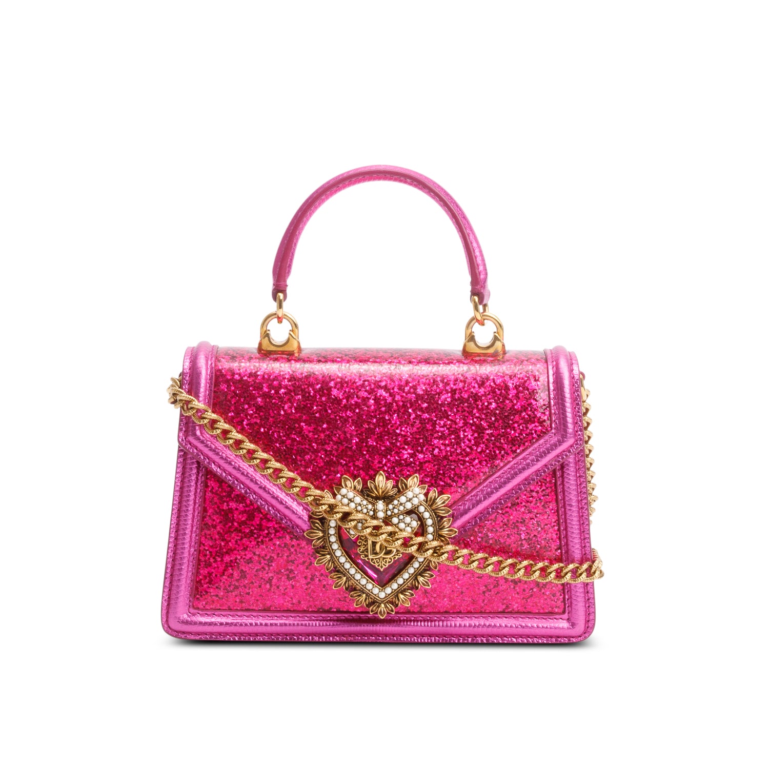 Dolce & Gabbana Pink Glitter Lizzard Small Devotion Top Handle Bag w/ Box, Chain & Authenticity Card