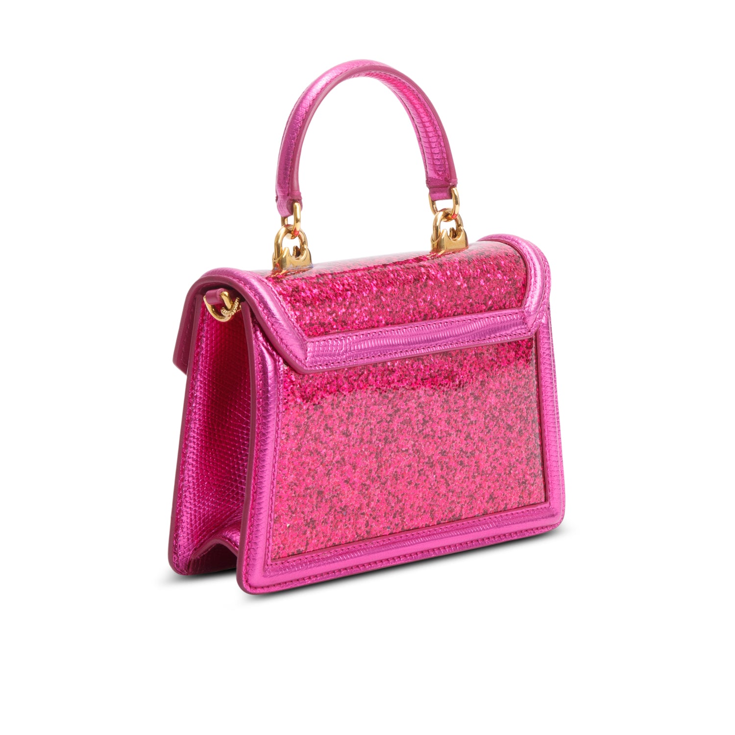 Dolce & Gabbana Pink Glitter Lizzard Small Devotion Top Handle Bag w/ Box, Chain & Authenticity Card