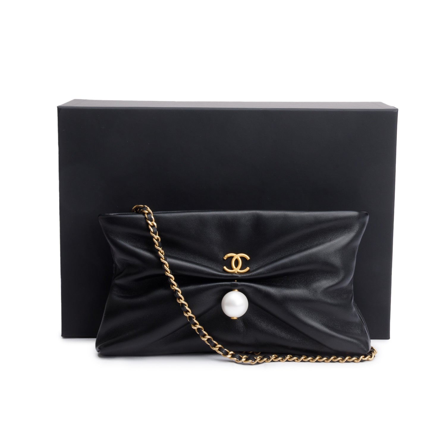 Chanel 2025 Black Shiny Lambskin Pearl Clutch w/ Chain & Box