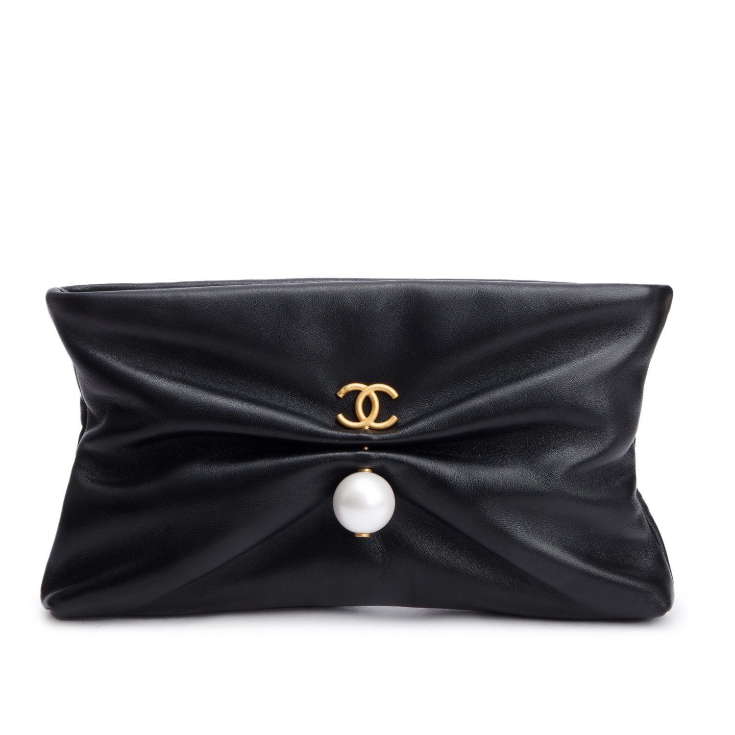 Chanel 2025 Black Shiny Lambskin Pearl Clutch w/ Chain & Box