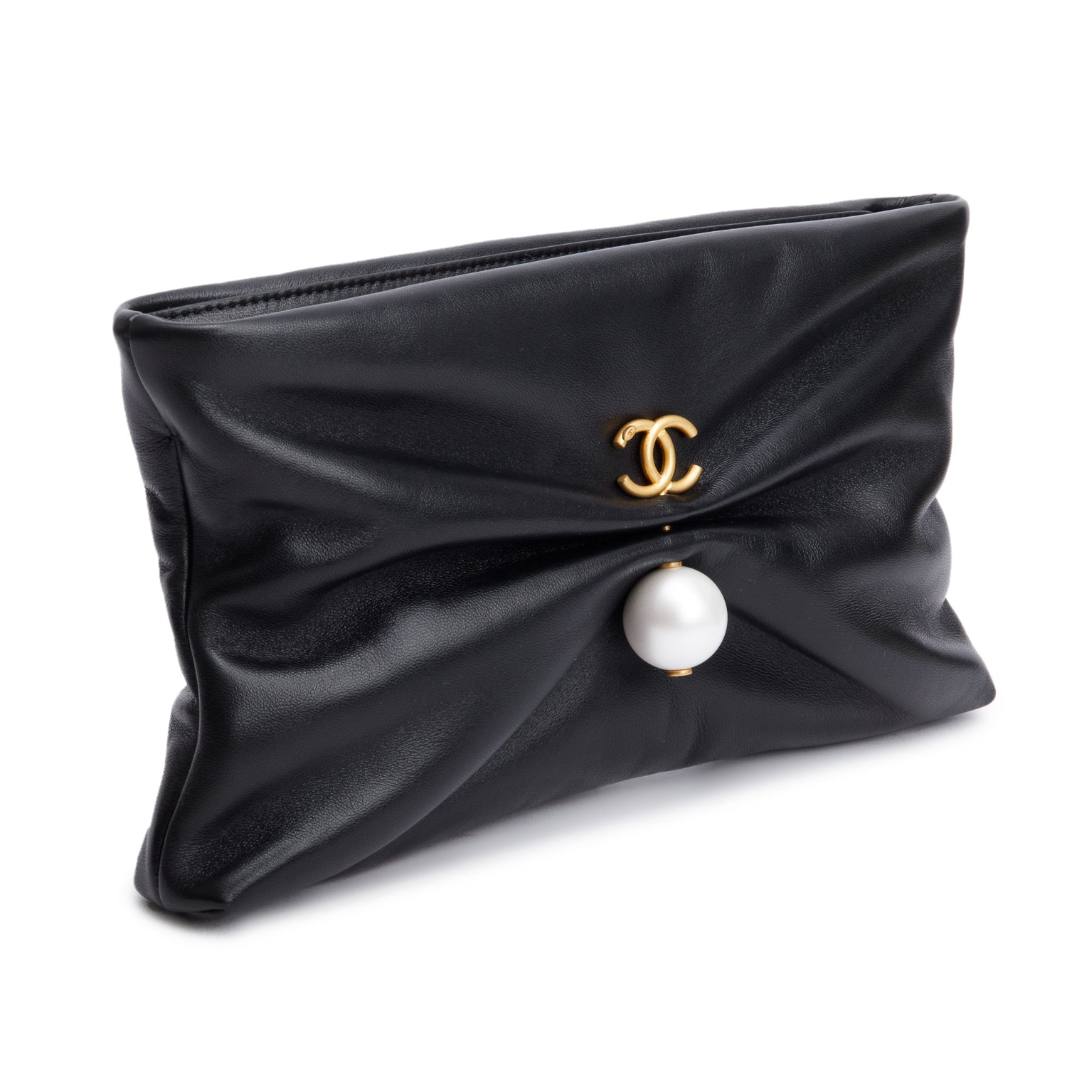 Chanel 2025 Black Shiny Lambskin Pearl Clutch w/ Chain & Box