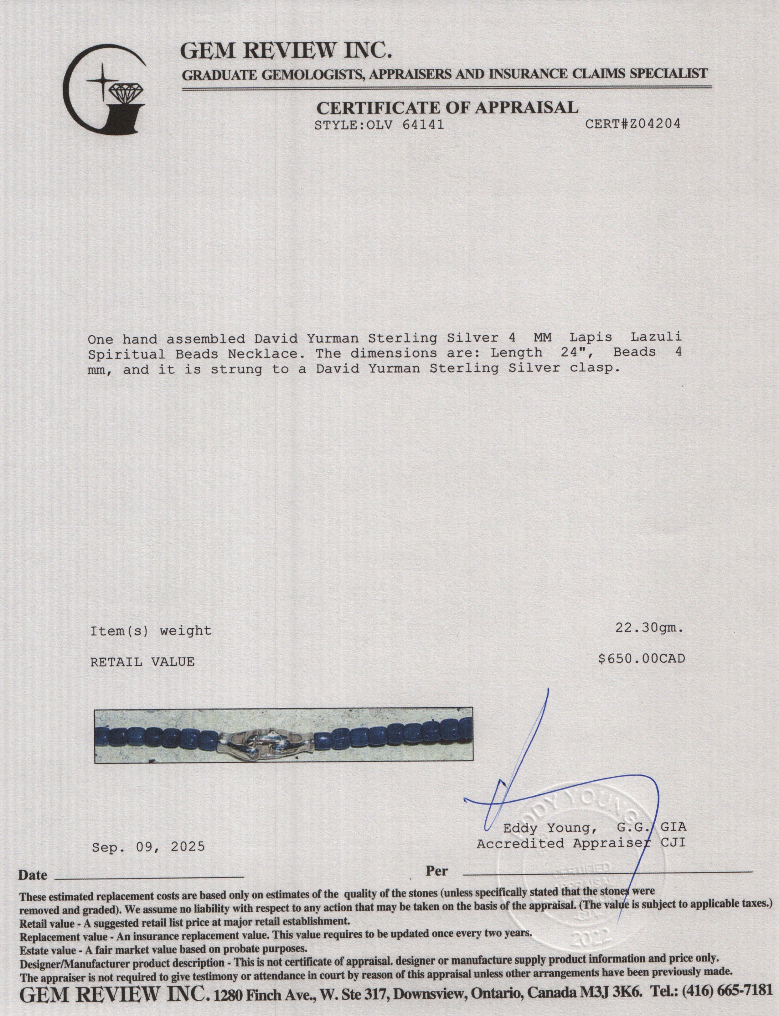 David Yurman Sterling Silver 4 MM Lapis Lazuli Spiritual Beads Necklace