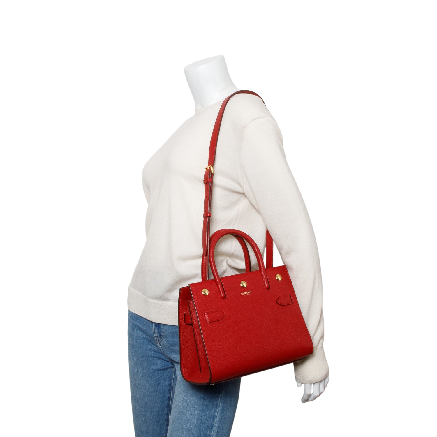 Burberry Red Grainy Calfskin Mini Title Top Handle Bag w/ Strap