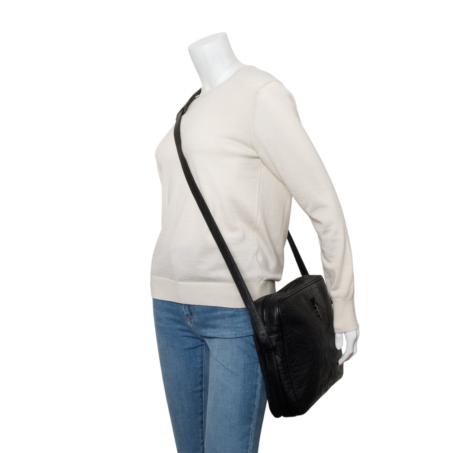 Saint Laurent Black Croc Embossed Zip Messenger Bag