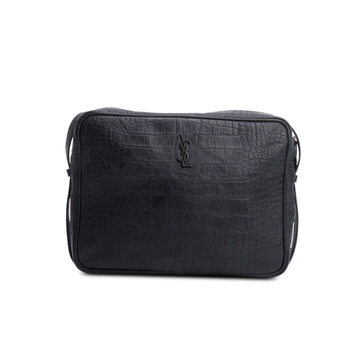 Saint Laurent Black Croc Embossed Zip Messenger Bag