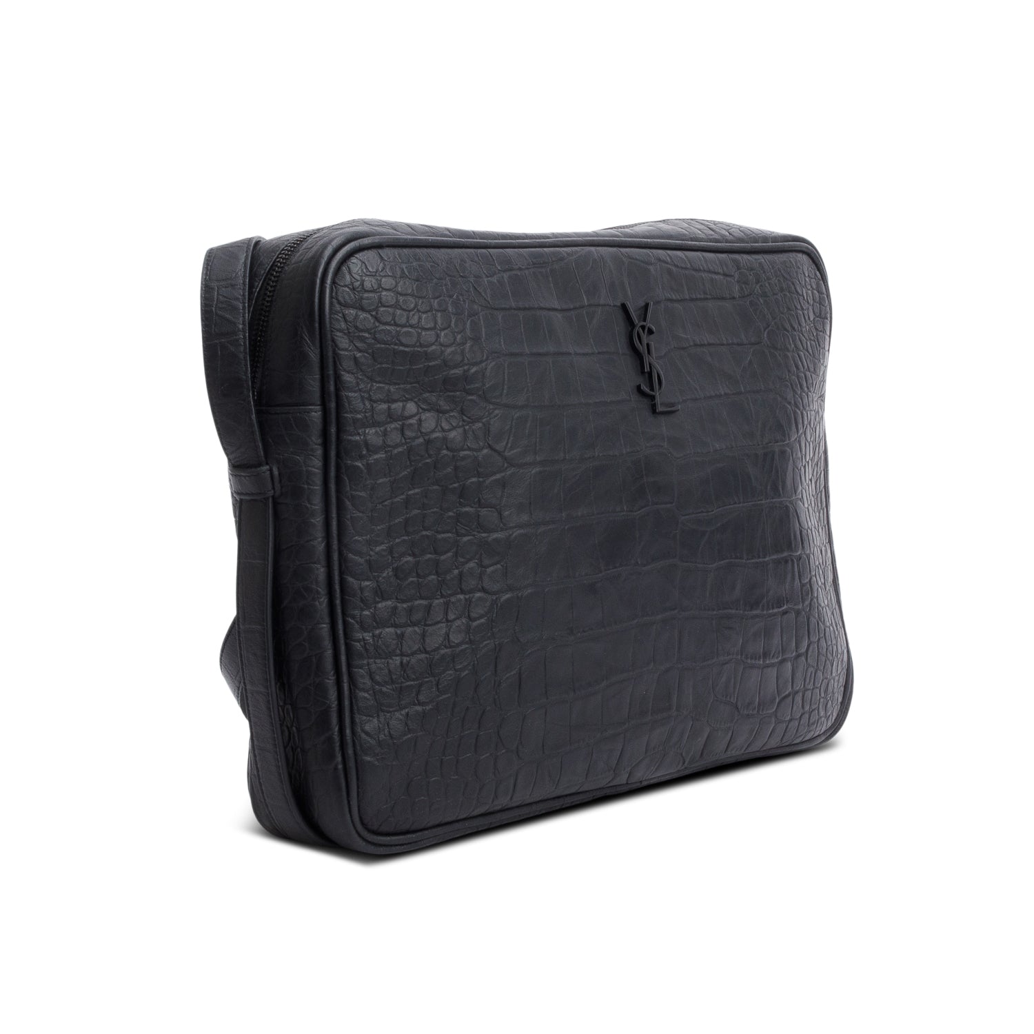 Saint Laurent Black Croc Embossed Zip Messenger Bag