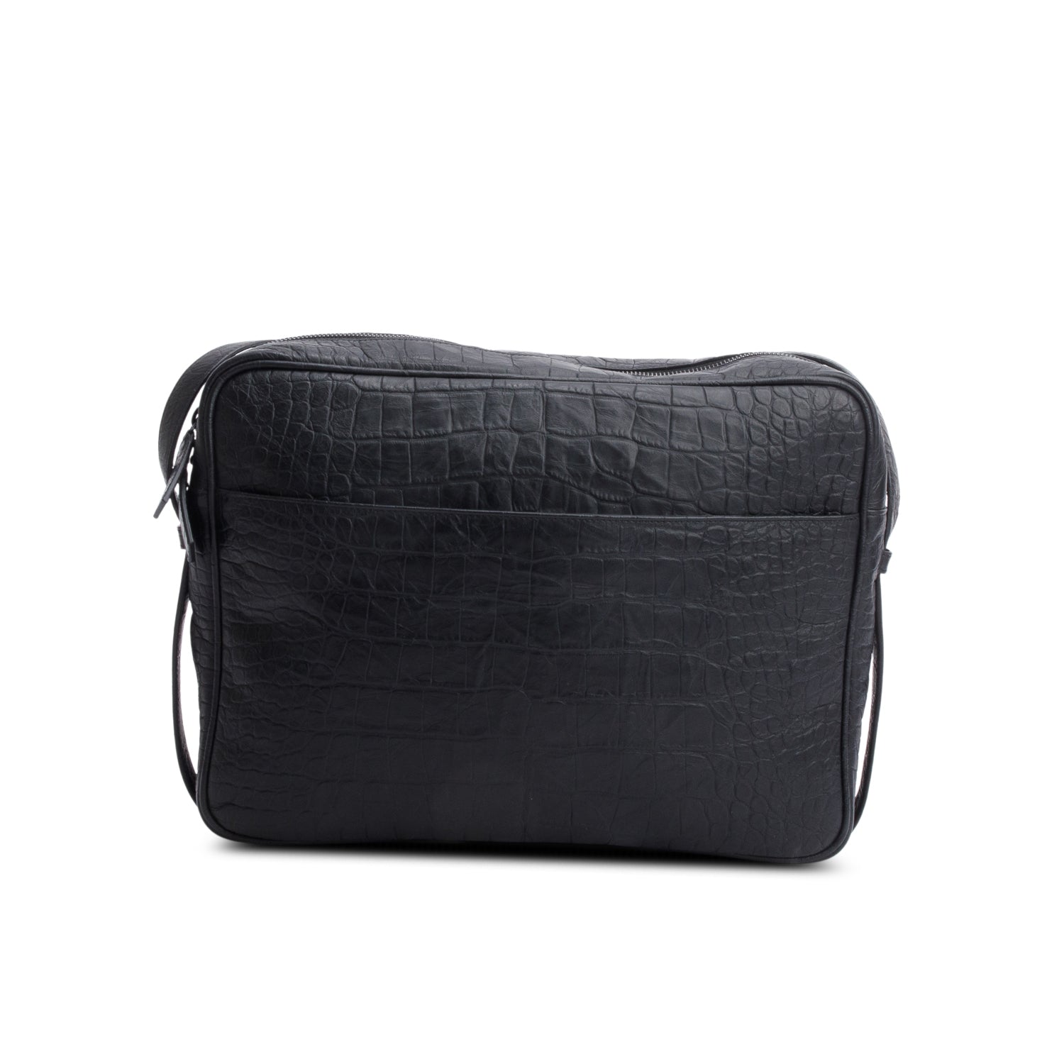Saint Laurent Black Croc Embossed Zip Messenger Bag