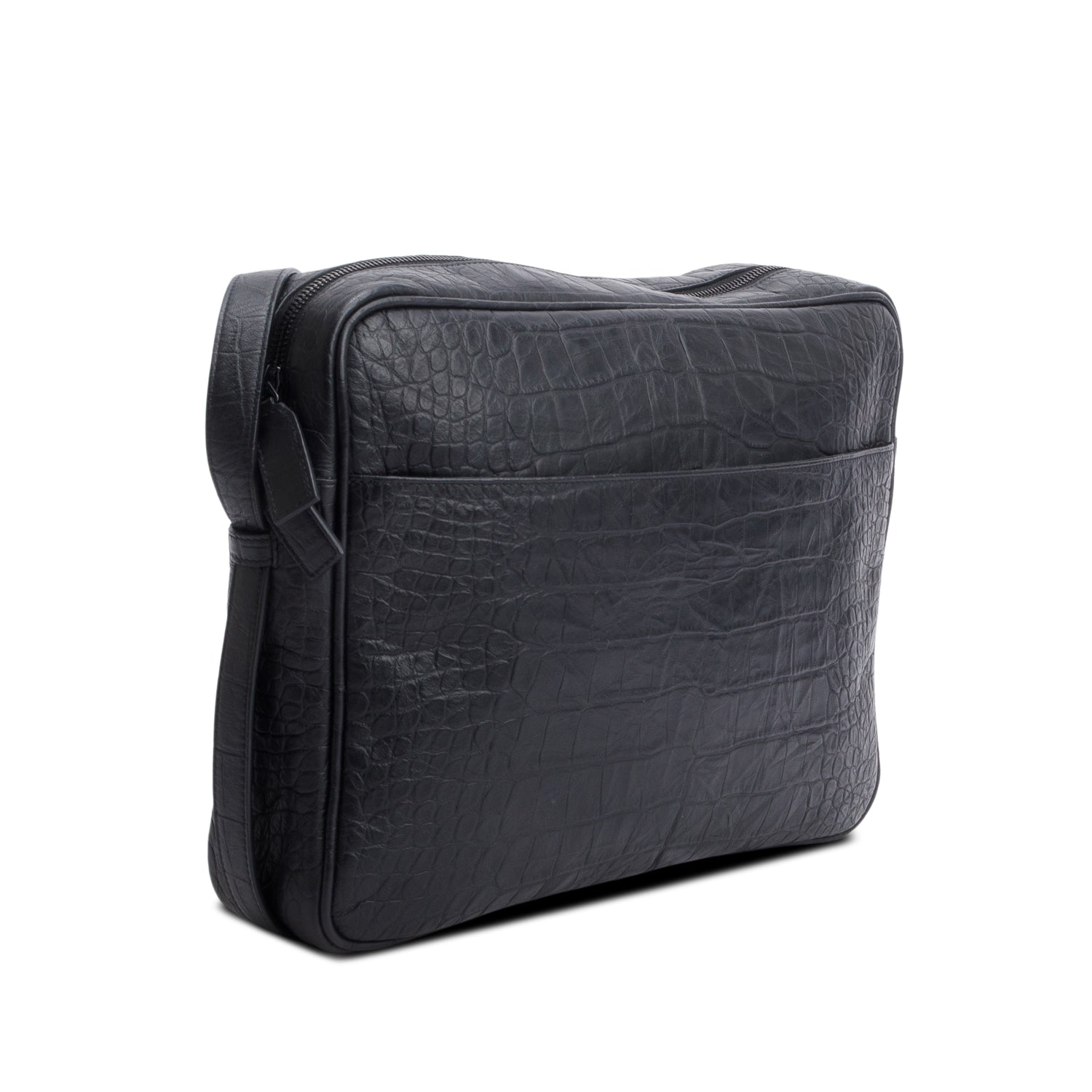 Saint Laurent Black Croc Embossed Zip Messenger Bag