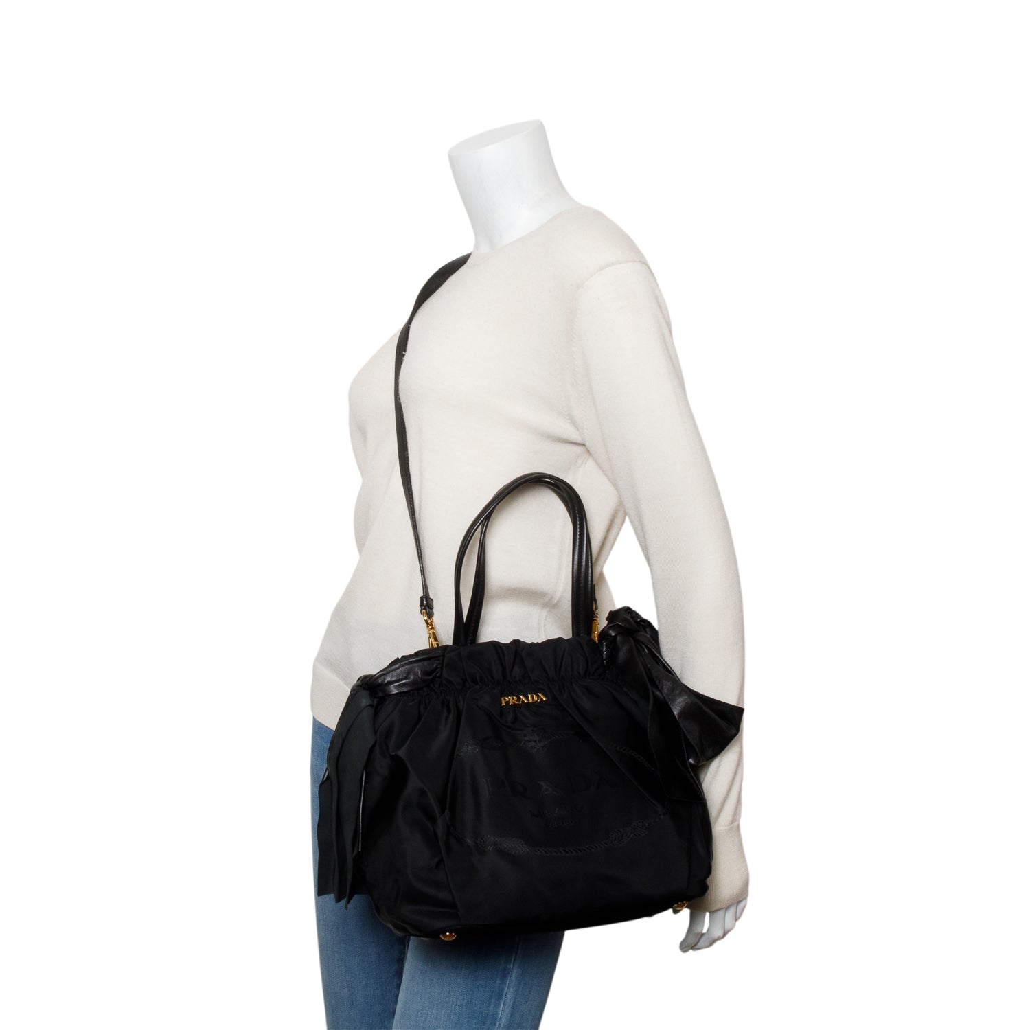 Prada Black Tessuto Bow Nylon Tote Bag w/ Strap