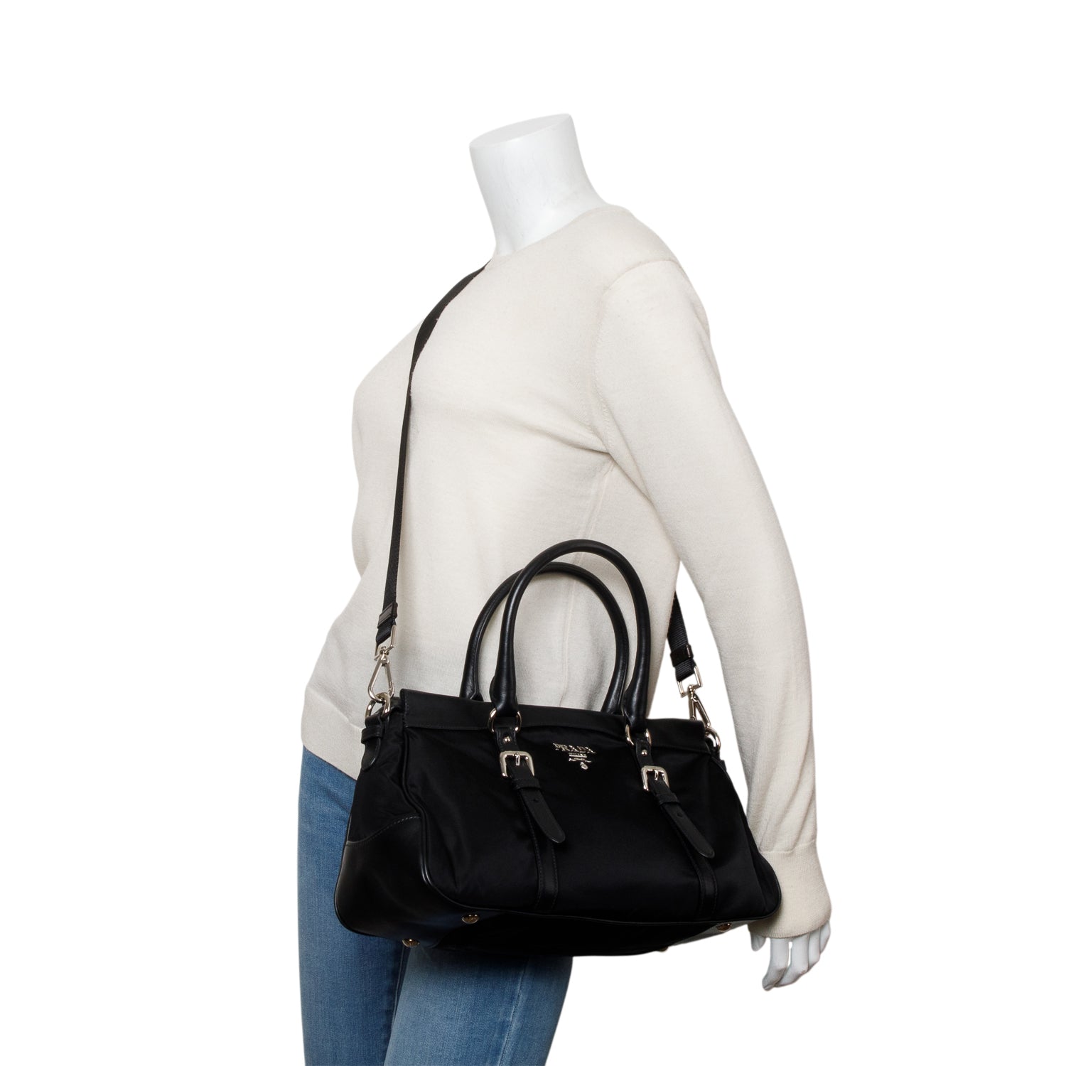 Prada Black Nylon Tessuto Solf Calf Tote w/ Strap