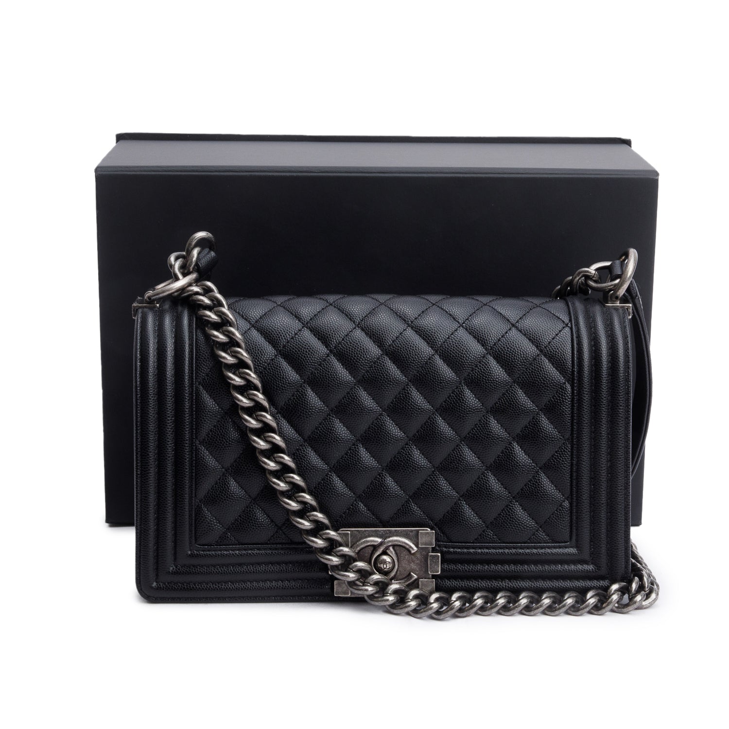 Chanel Black Caviar Quilted Medium Boy Bag w/ Box