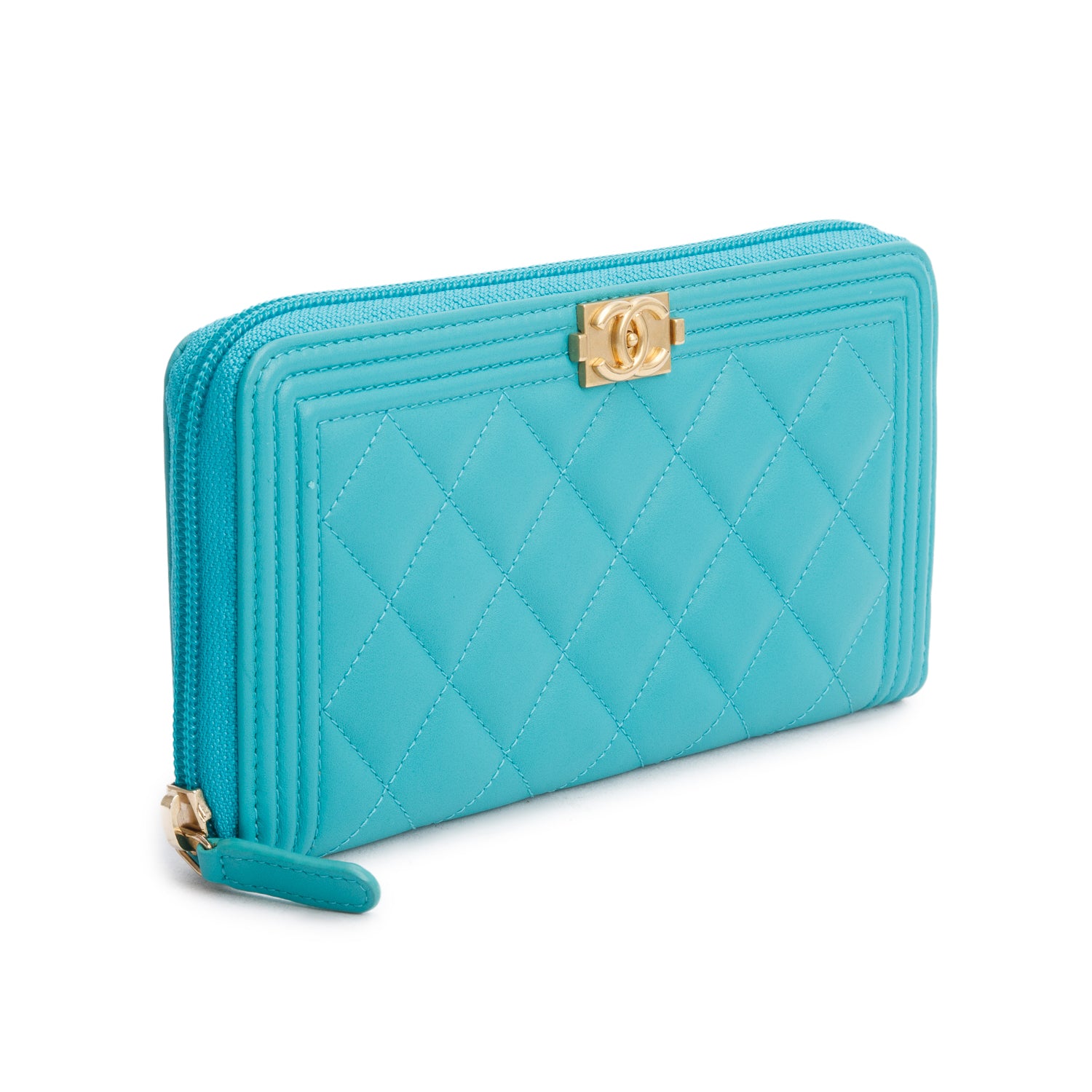 Chanel Teal Lambskin Quilted Boy Zip Around Wallet