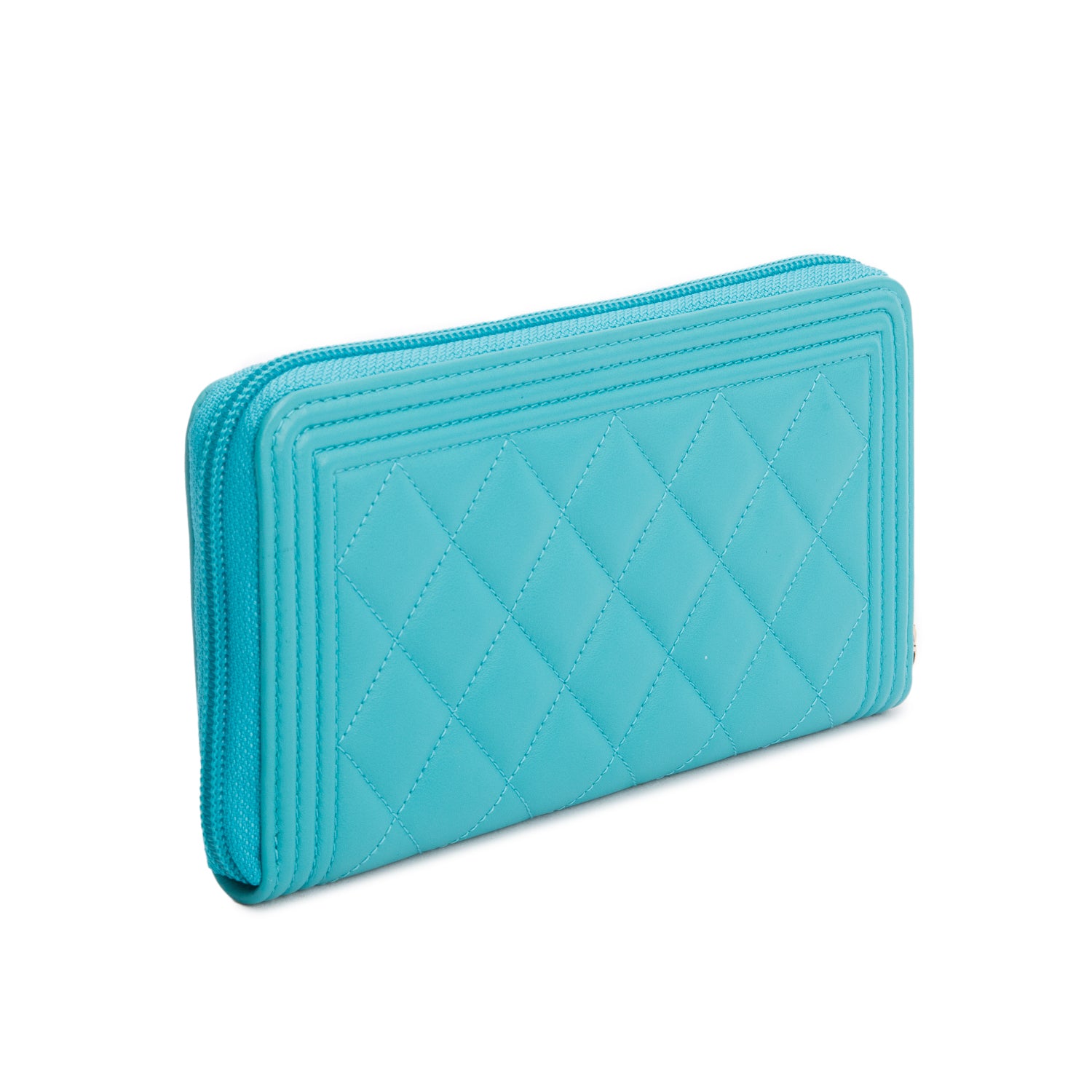 Chanel Teal Lambskin Quilted Boy Zip Around Wallet