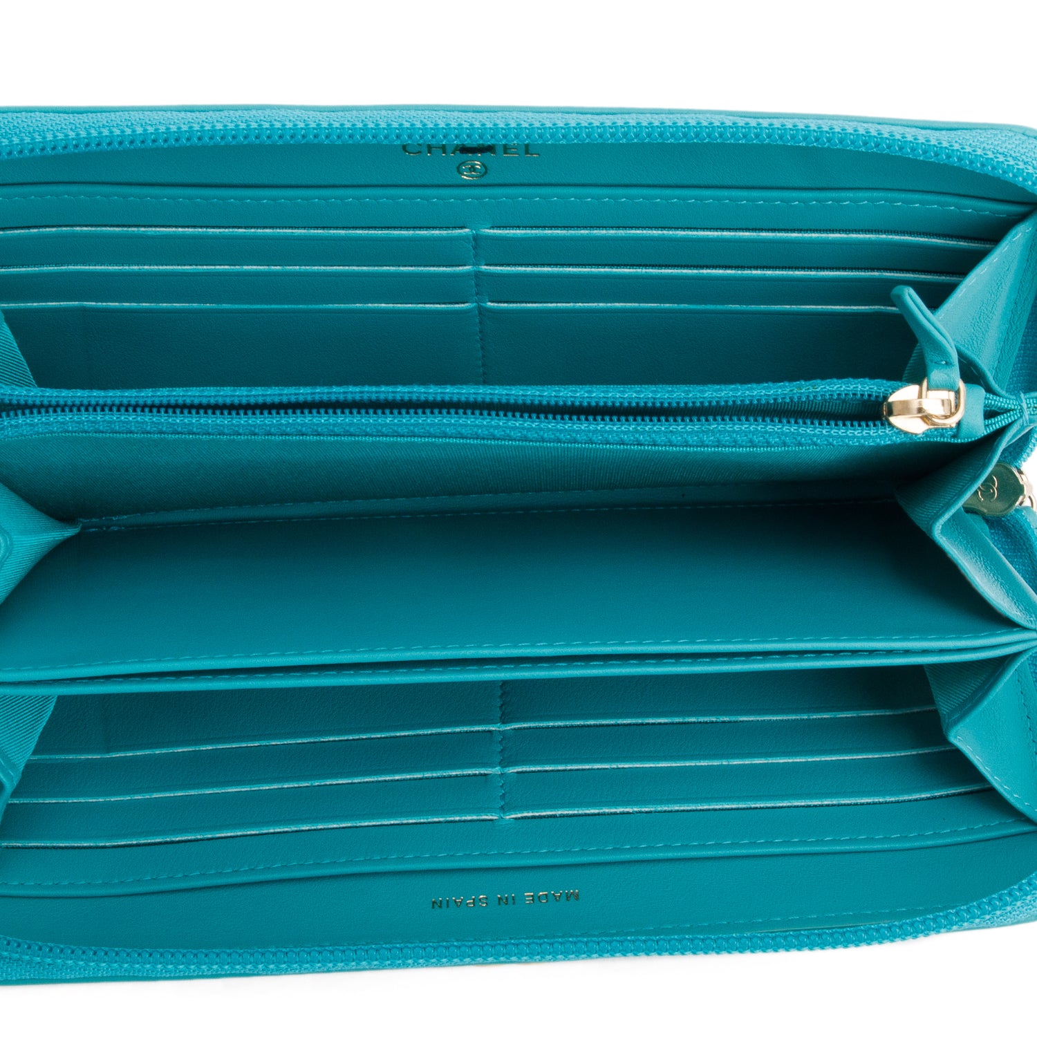 Chanel Teal Lambskin Quilted Boy Zip Around Wallet