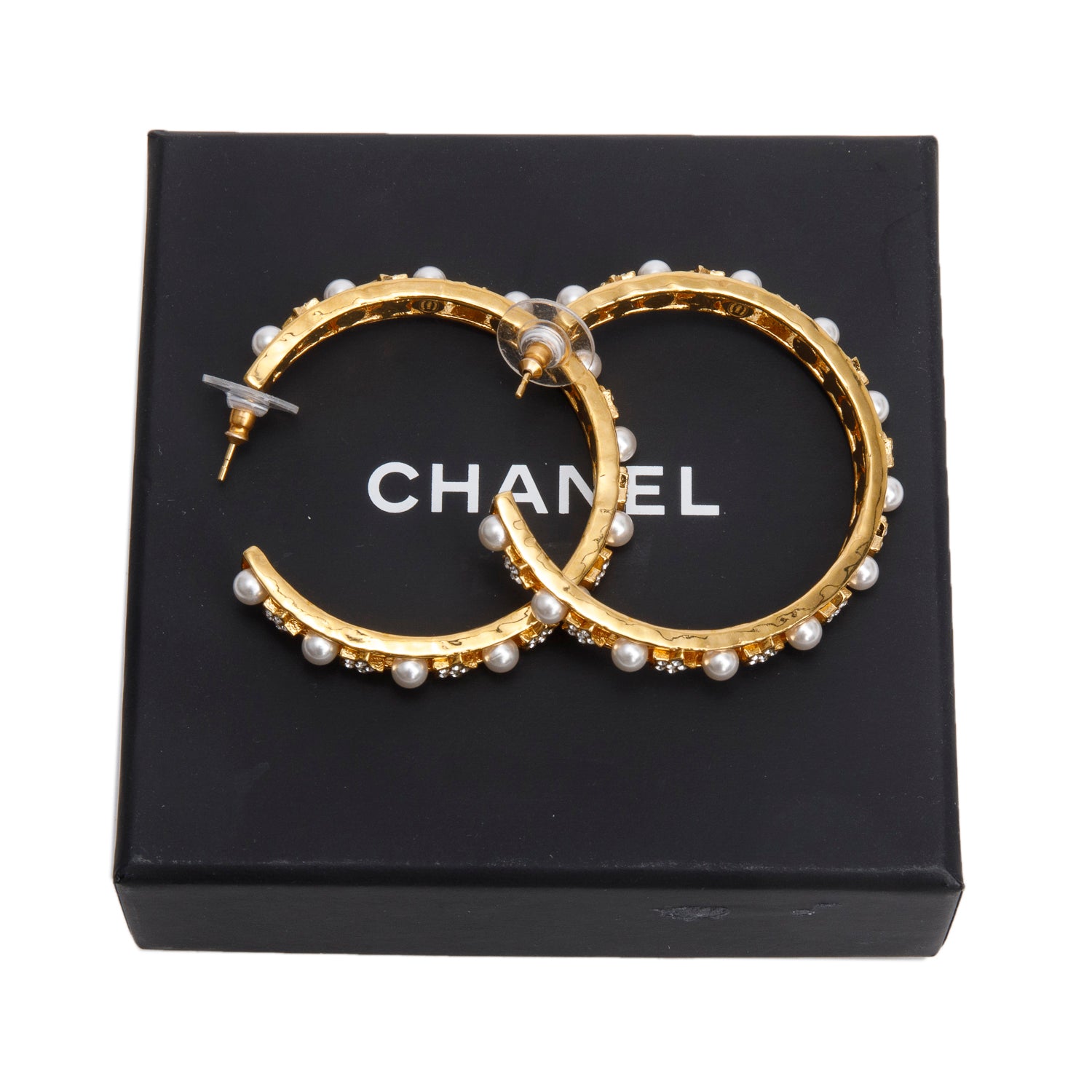 Chanel 2020 Gold Plated Faux Pearl & Strass Hoop Earrings w/ Box