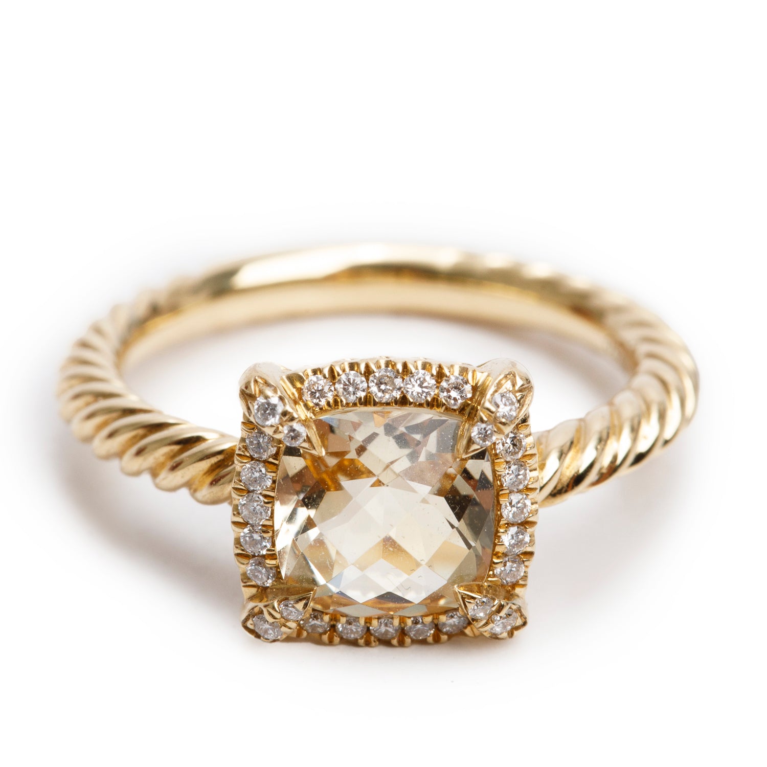 David Yurman 18k Yellow Gold Champagne Citrine & Diamond Petite Chatelaine Ring, Size 6 w/ Box