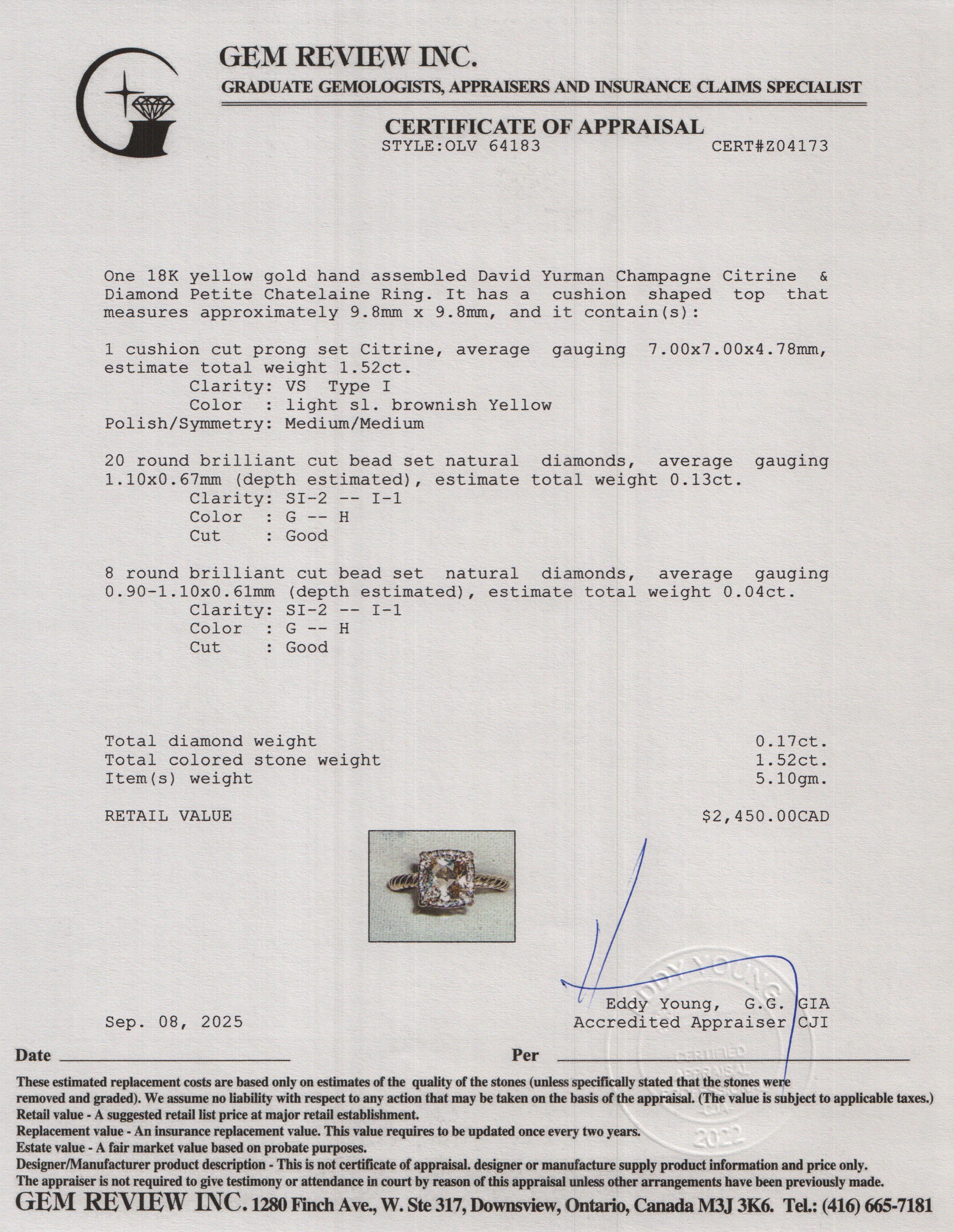 David Yurman 18k Yellow Gold Champagne Citrine & Diamond Petite Chatelaine Ring, Size 6 w/ Box