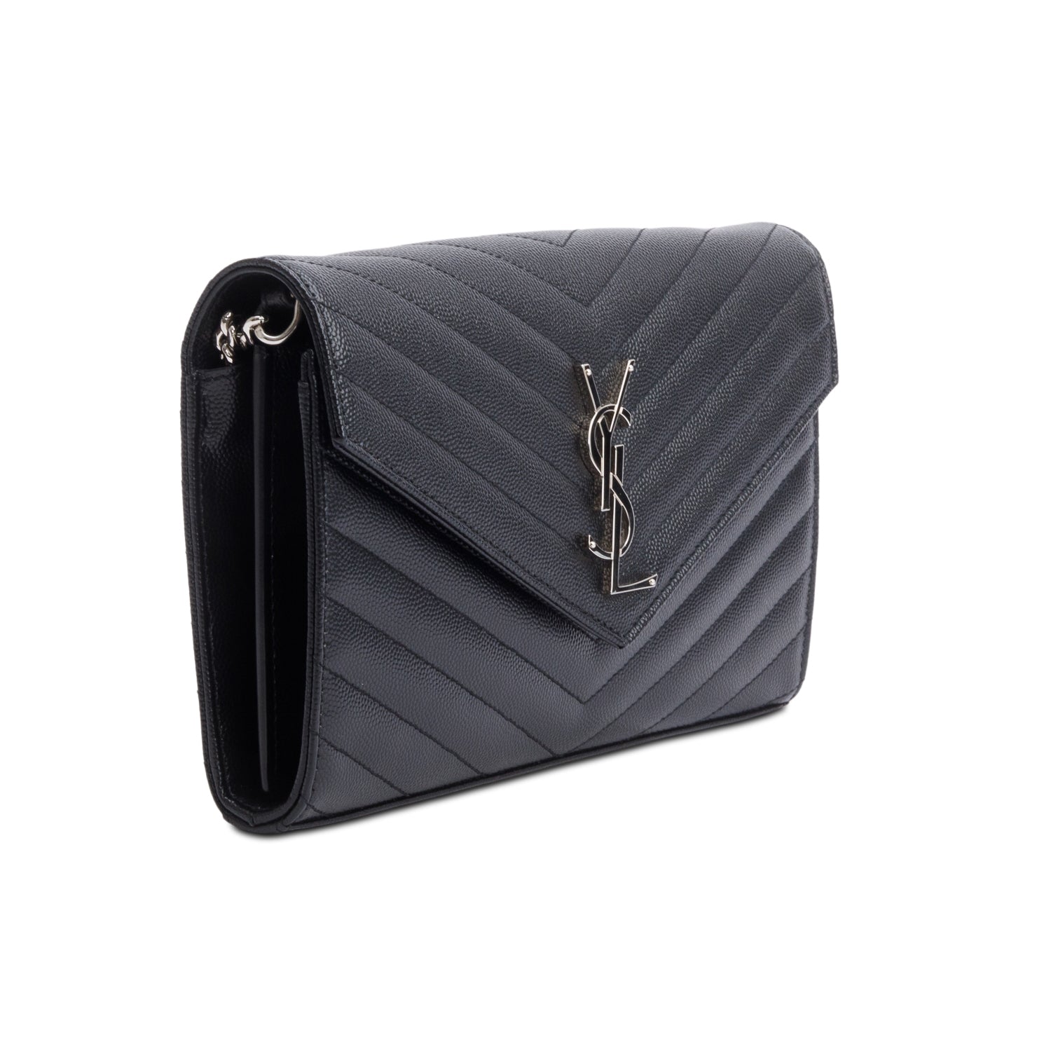 Saint Laurent 2022 Black Grain De Poudre Leather Cassandre Envelope Chain Wallet