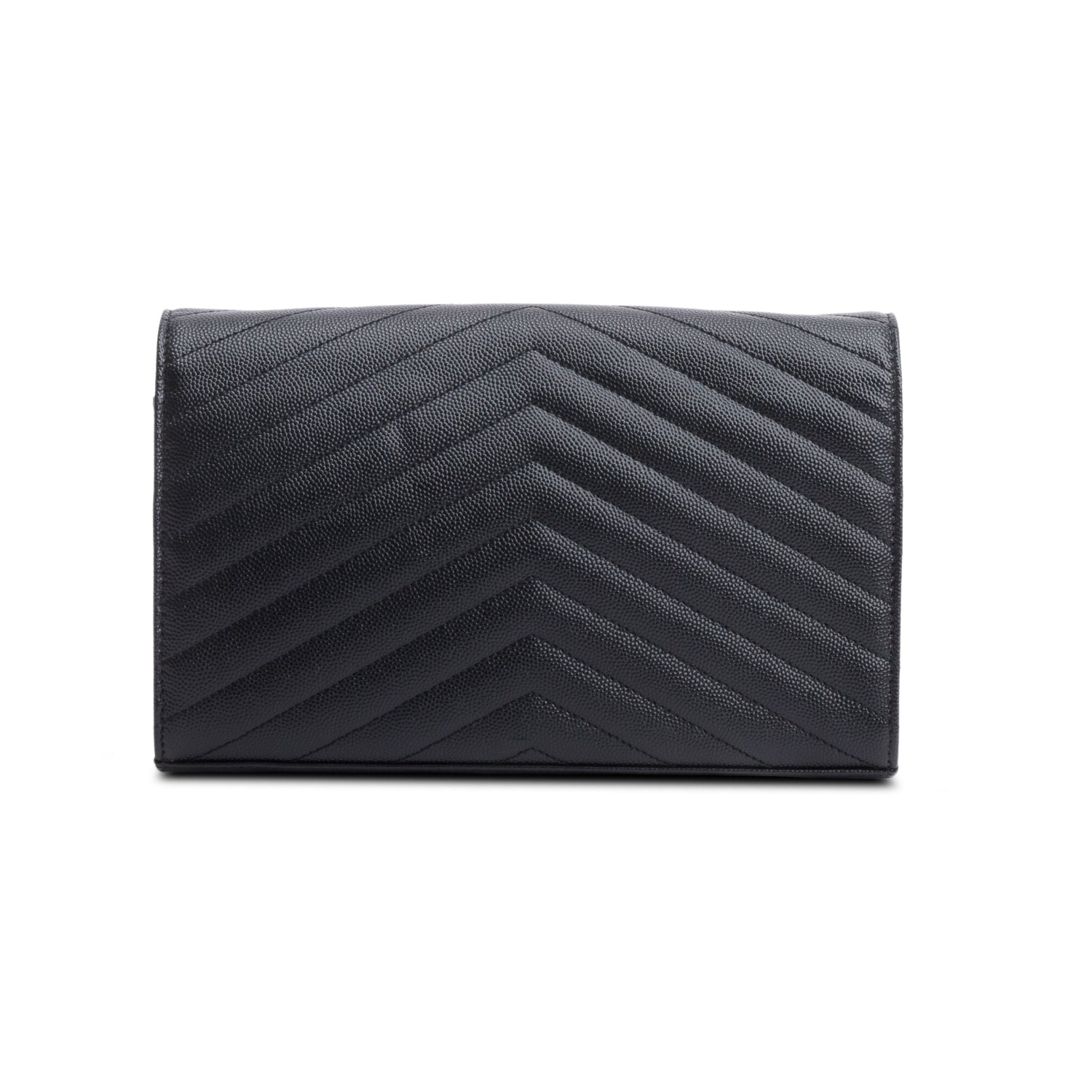 Saint Laurent 2022 Black Grain De Poudre Leather Cassandre Envelope Chain Wallet