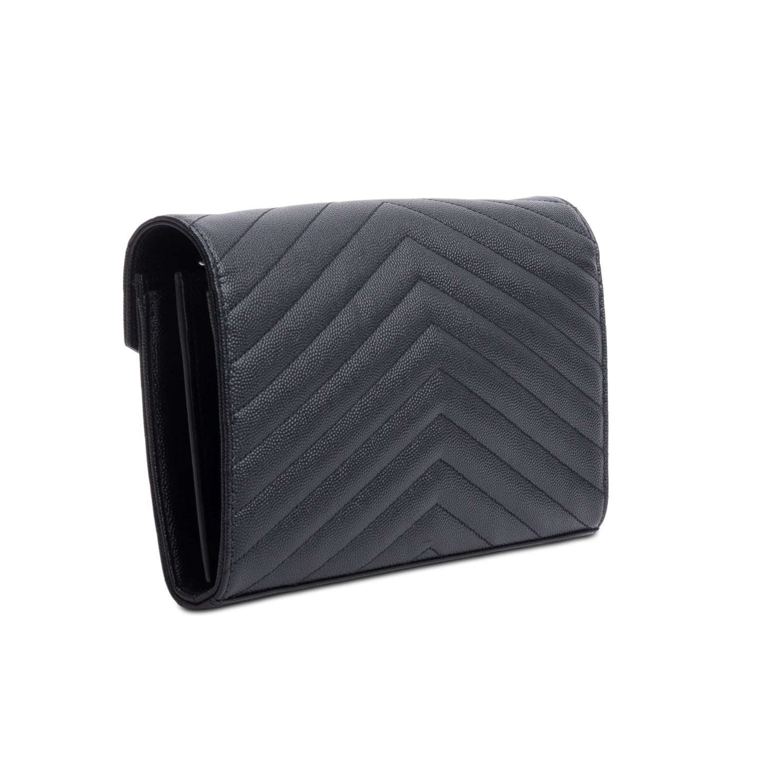 Saint Laurent 2022 Black Grain De Poudre Leather Cassandre Envelope Chain Wallet