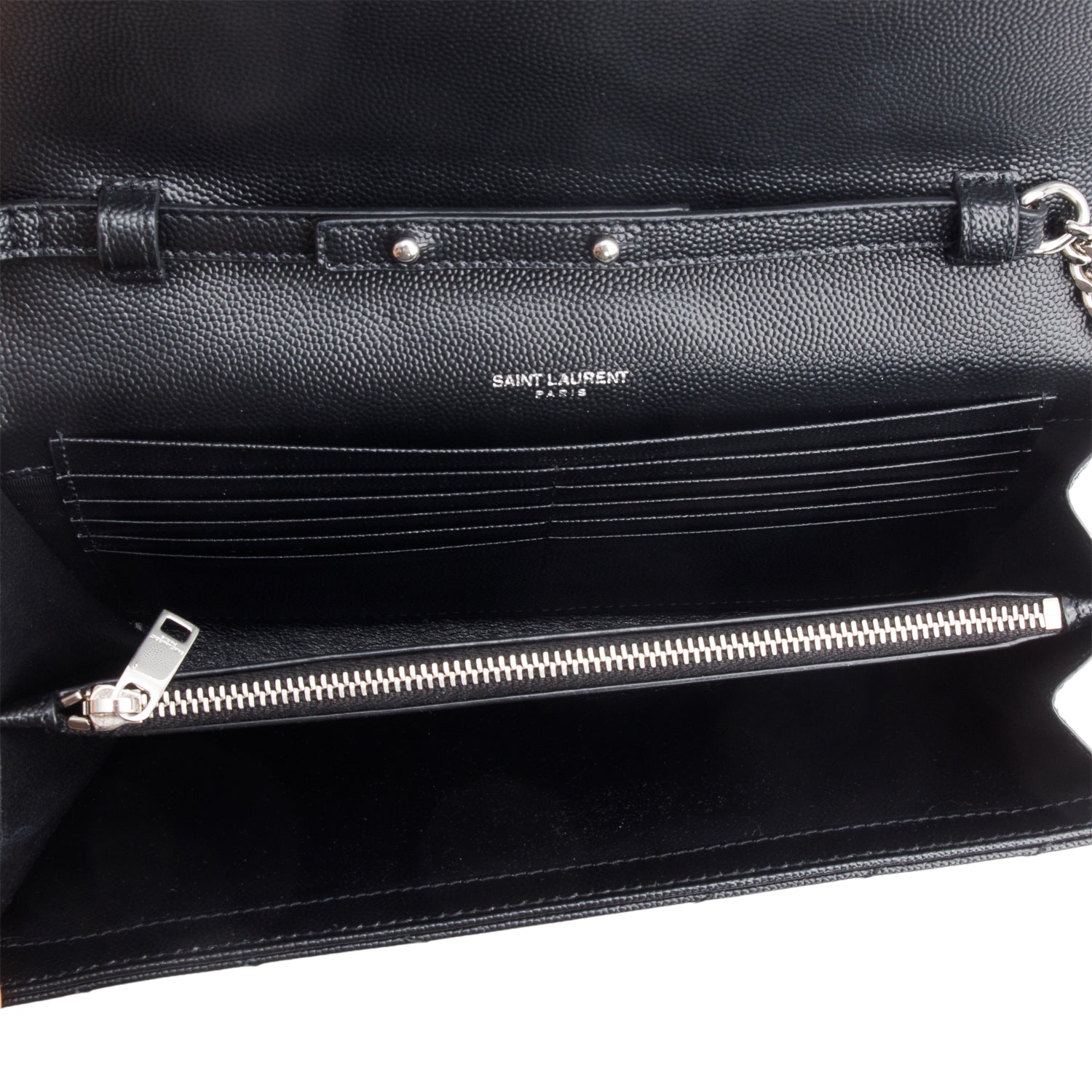 Saint Laurent 2022 Black Grain De Poudre Leather Cassandre Envelope Chain Wallet