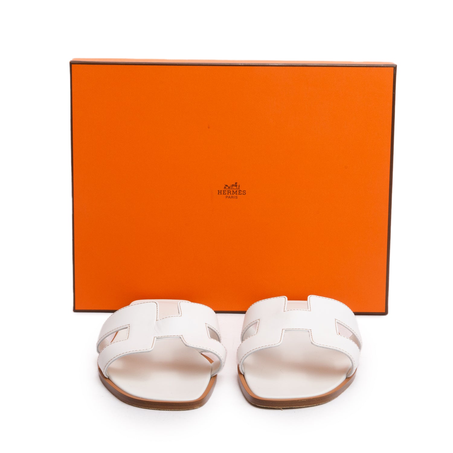Hermes Blanc Box Leather Oran Sandals, Size 39 w/ Box