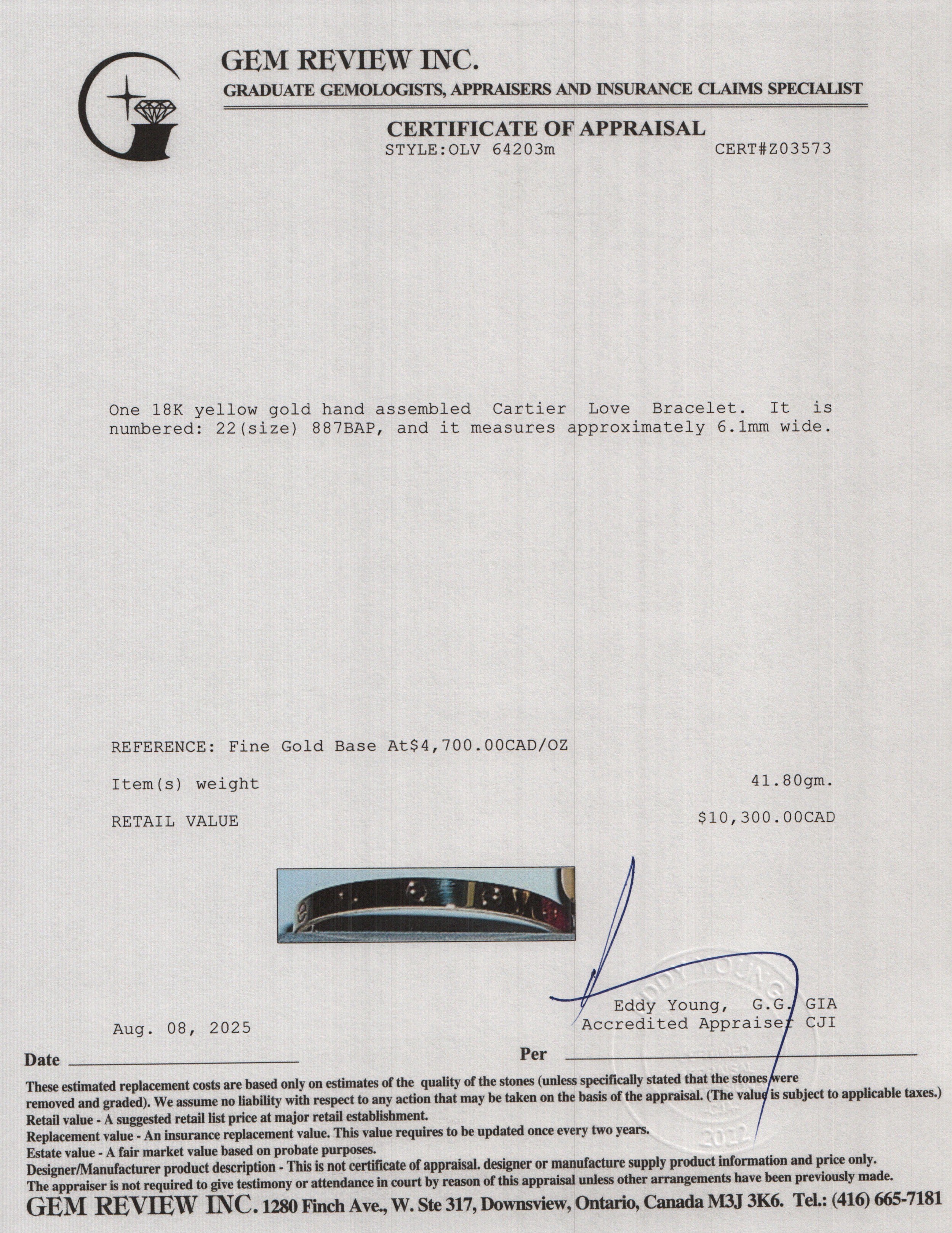 Cartier 2025 18k Yellow Gold Love Bracelet, Classic Model, Size 22 w/ Box & Certificate