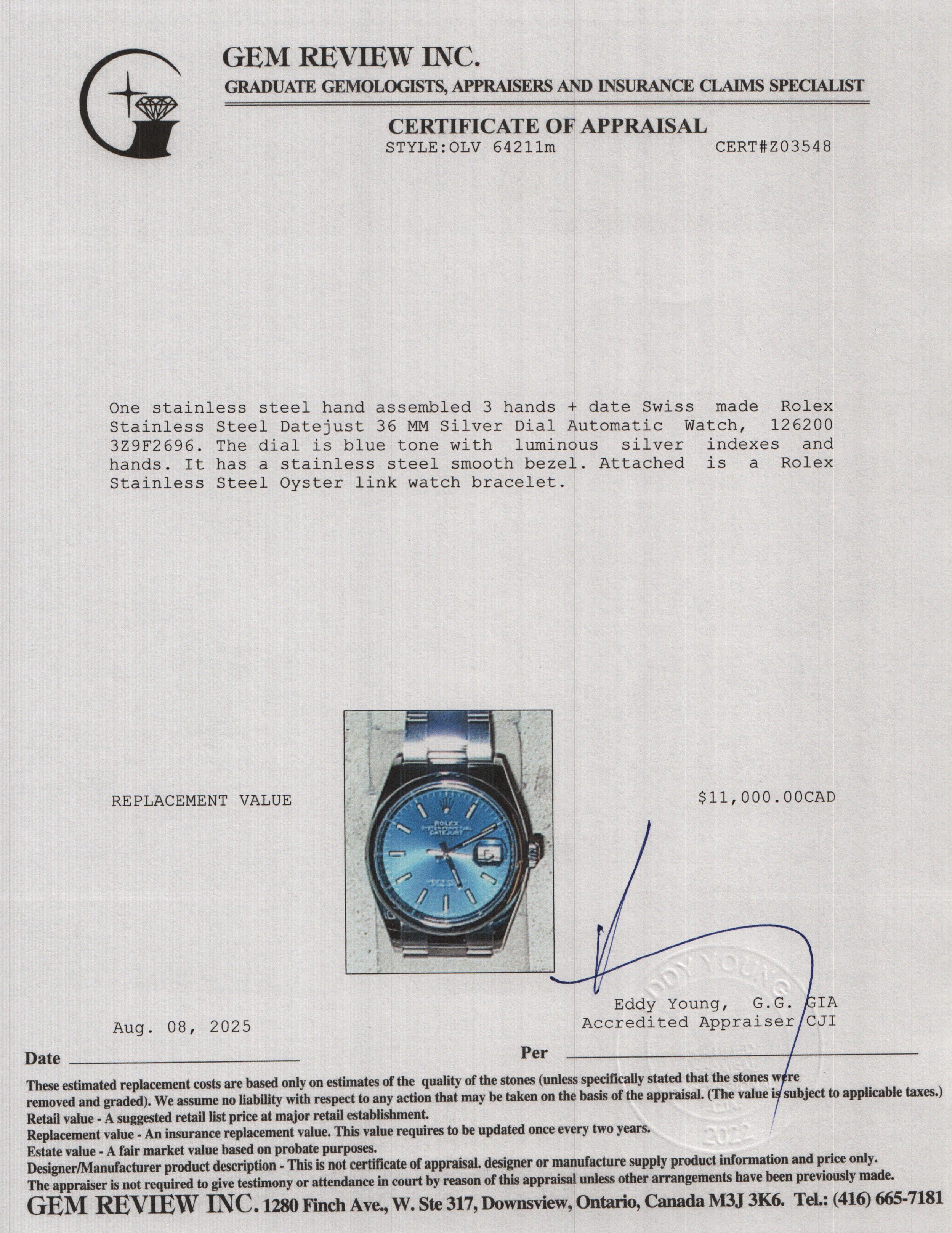 Rolex 2023 Stainless Steel Datejust 36 MM Automatic Watch Blue Dial 126200 w/ Box & Papers