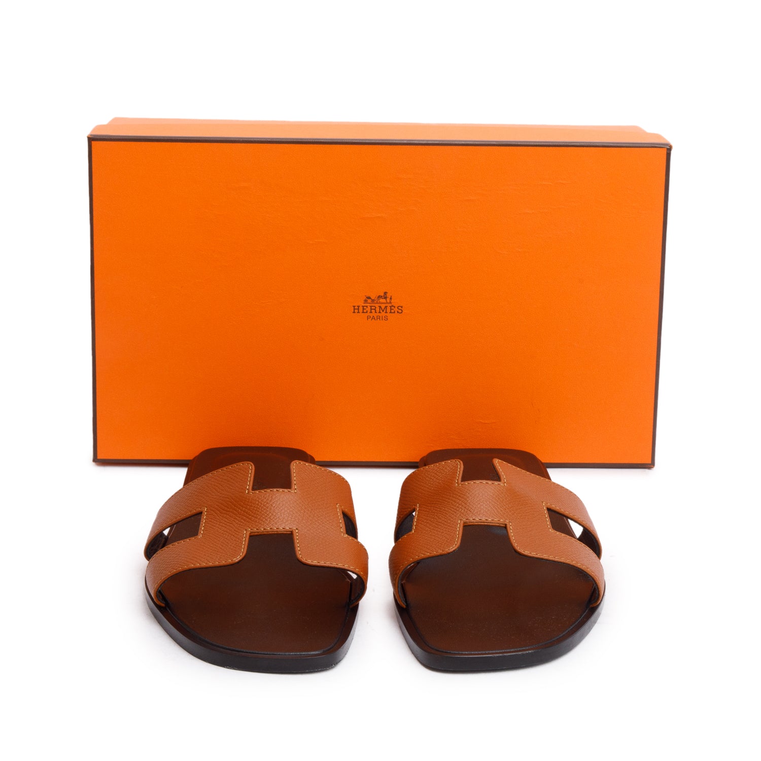 Hermes Gold Epsom Noir Box Leather Oran Sandals, Size 38.5 w/ Box