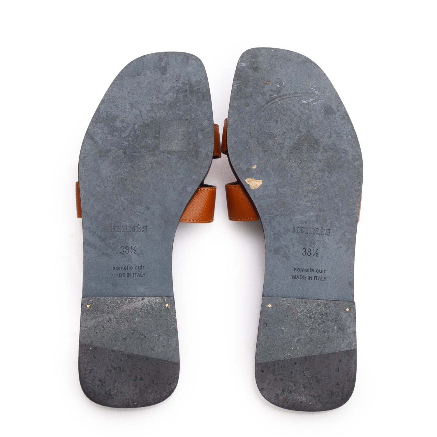 Hermes Gold Epsom Noir Box Leather Oran Sandals, Size 38.5 w/ Box