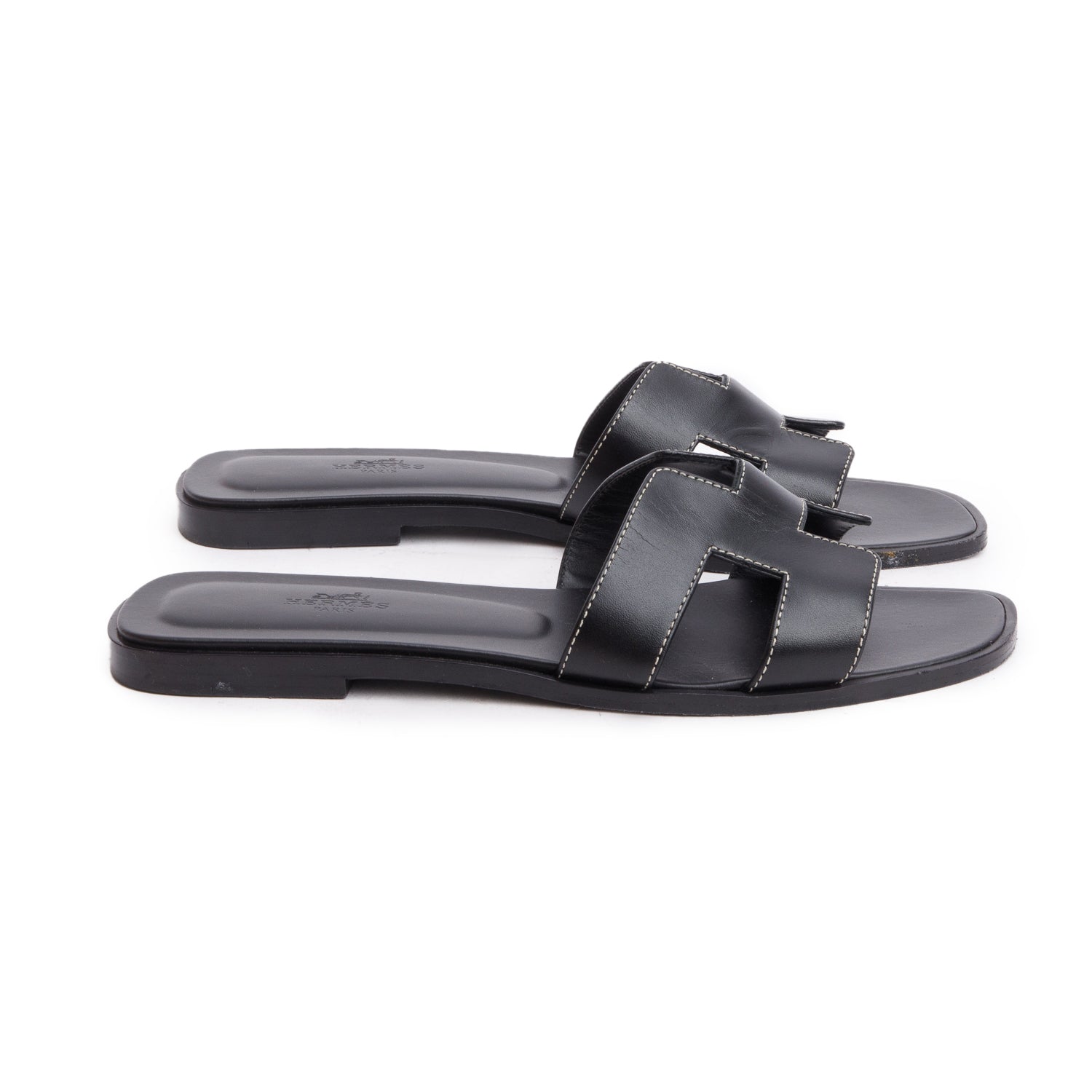 Hermes Black Box Leather Oran Sandals, Size 39 w/ Box