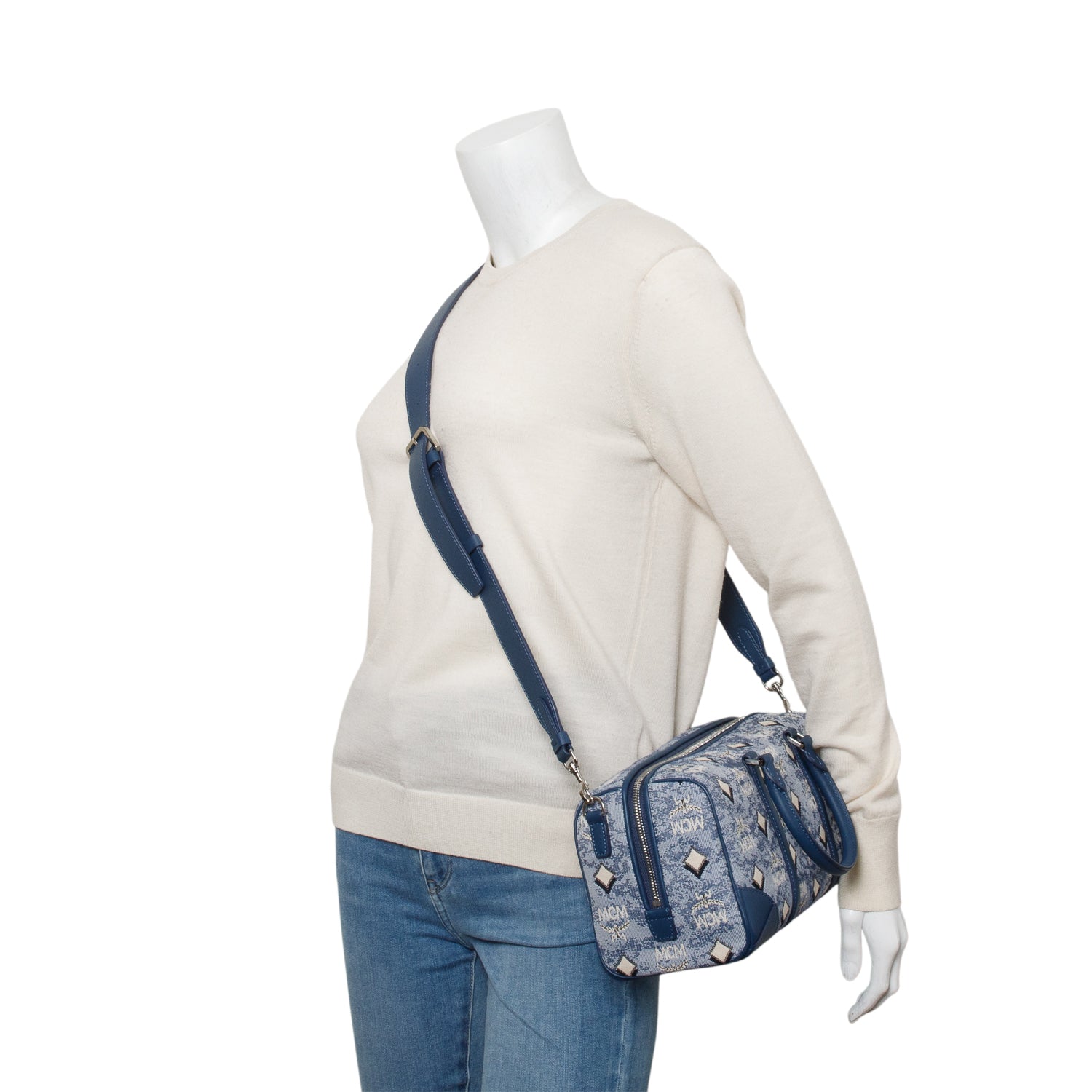 MCM Blue Denim Medium Boston Bag w/ Strap