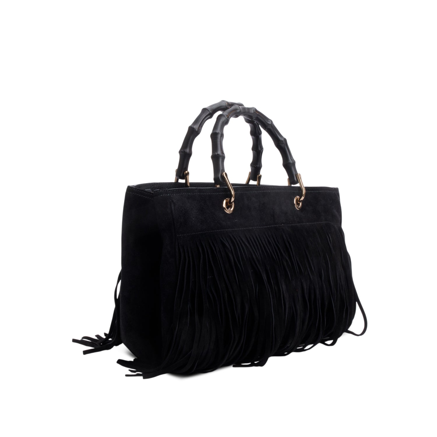 Gucci Black Suede Bamboo Fringe Medium Shopper Tote