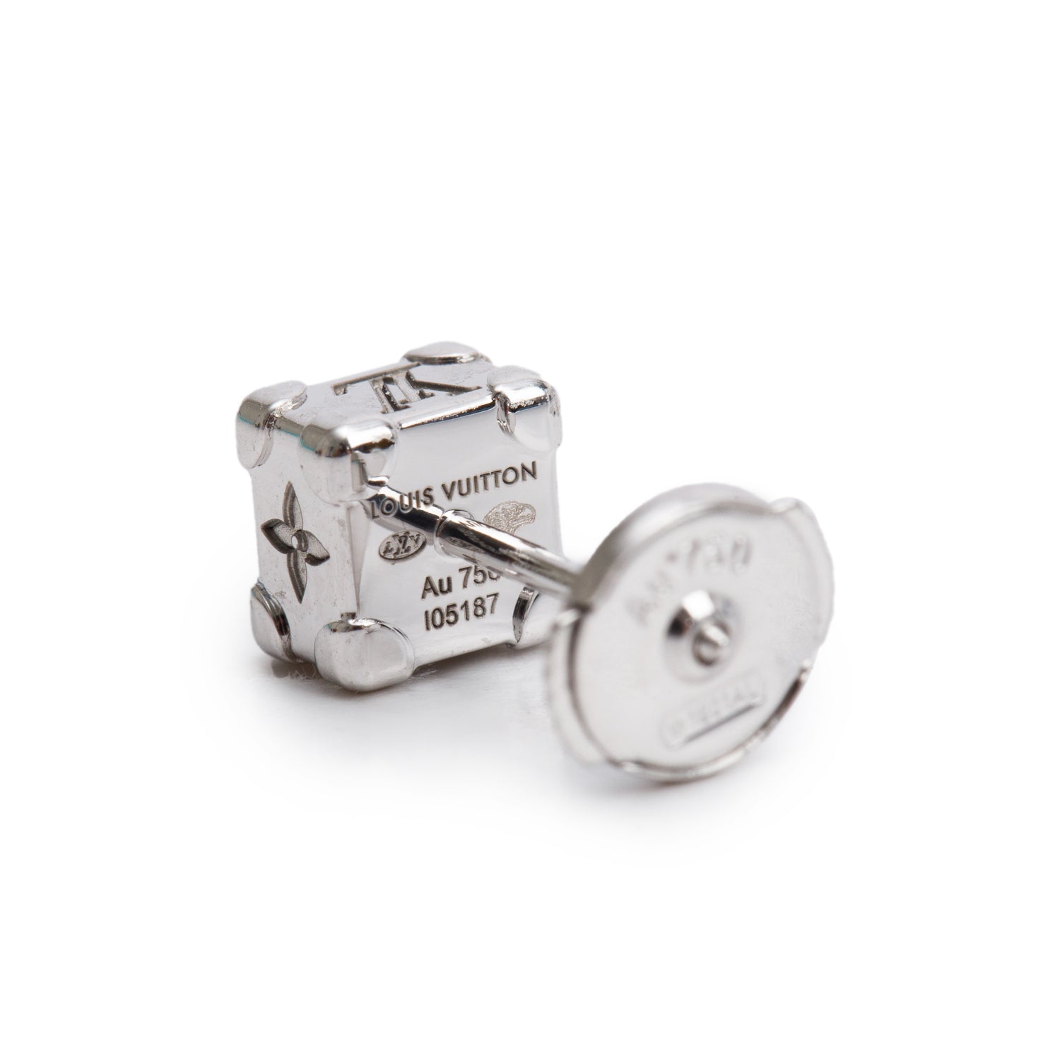 Louis Vuitton 18k White Gold Diamond Les Gastons Vuitton Trunk Single Stud Earring w/ Box