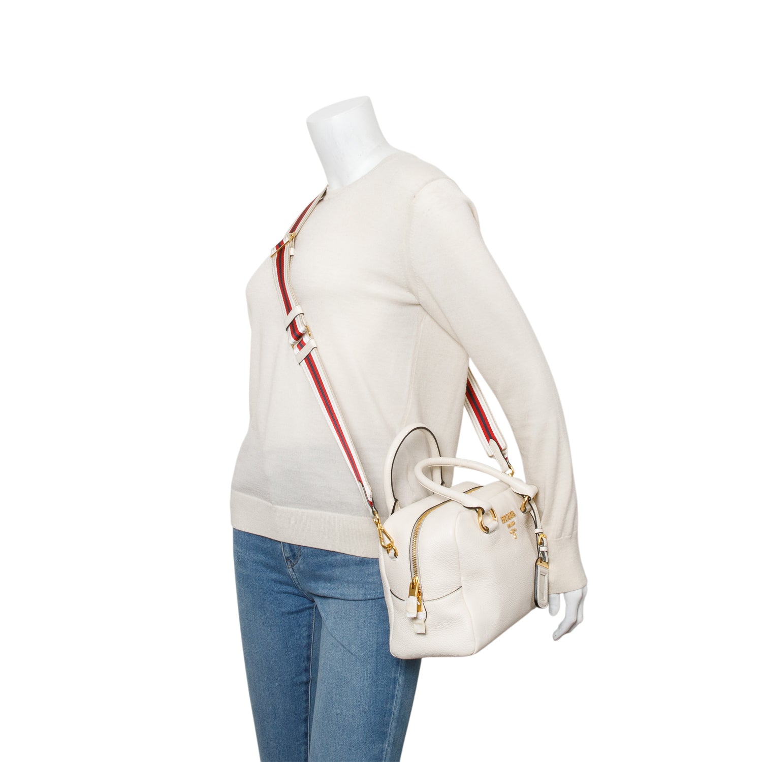 Prada Cream Vitello Phenix Convertible Bauletto Bag w/ Strap & Authenticity Card