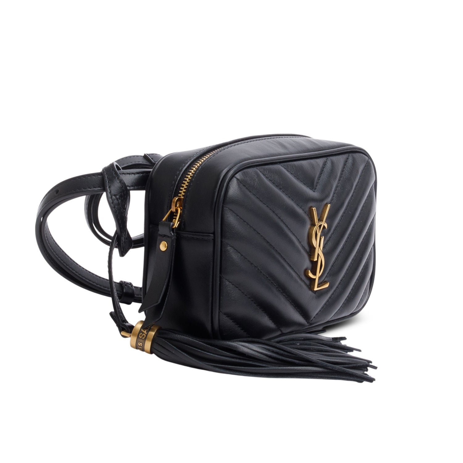 Saint Laurent 2023 Black Chevron Leather Lou Camera Belt Bag w/ Box