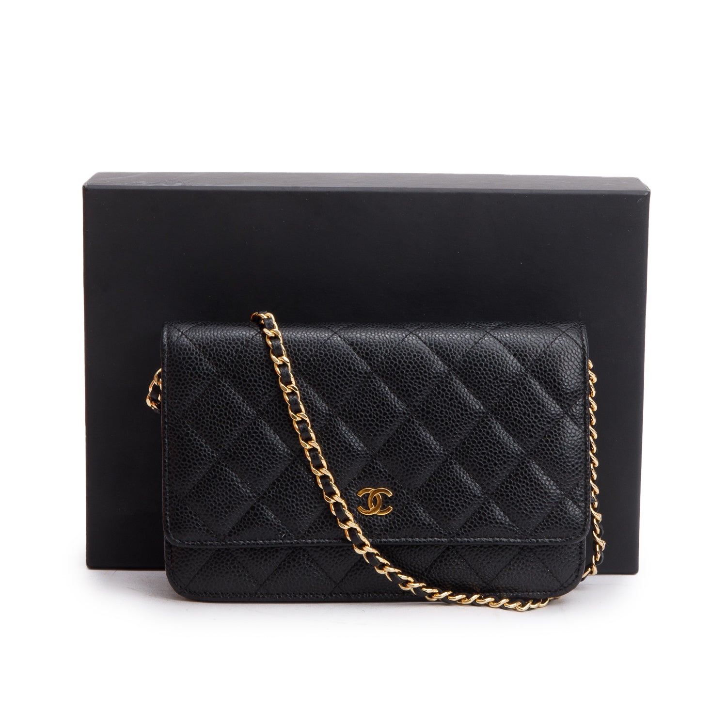 Chanel Black Quilted Caviar Leather Classic Wallet on Chain w/ Box & Authenticity Card