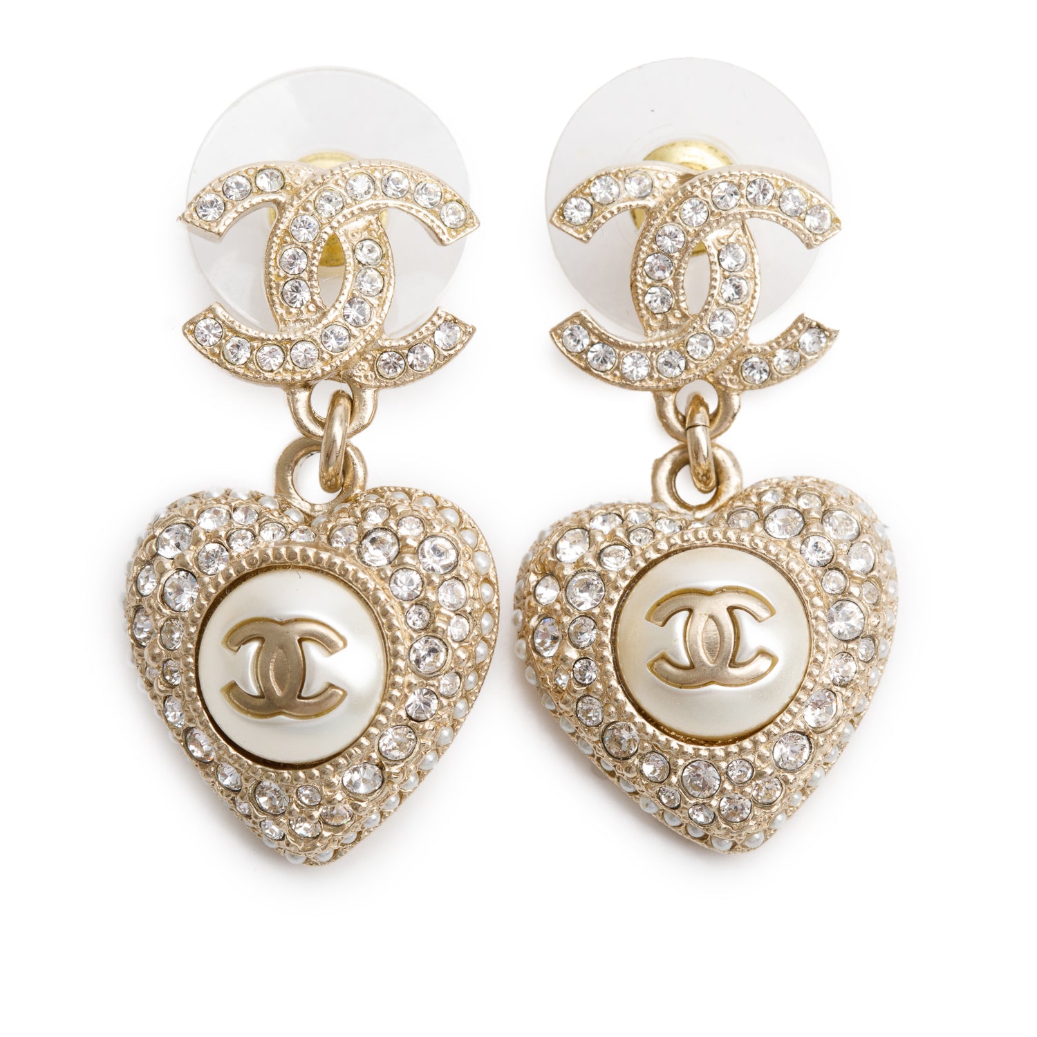 Chanel 2023 Gold-Plated Faux Pearl & Strass CC Heart Drop Earrings