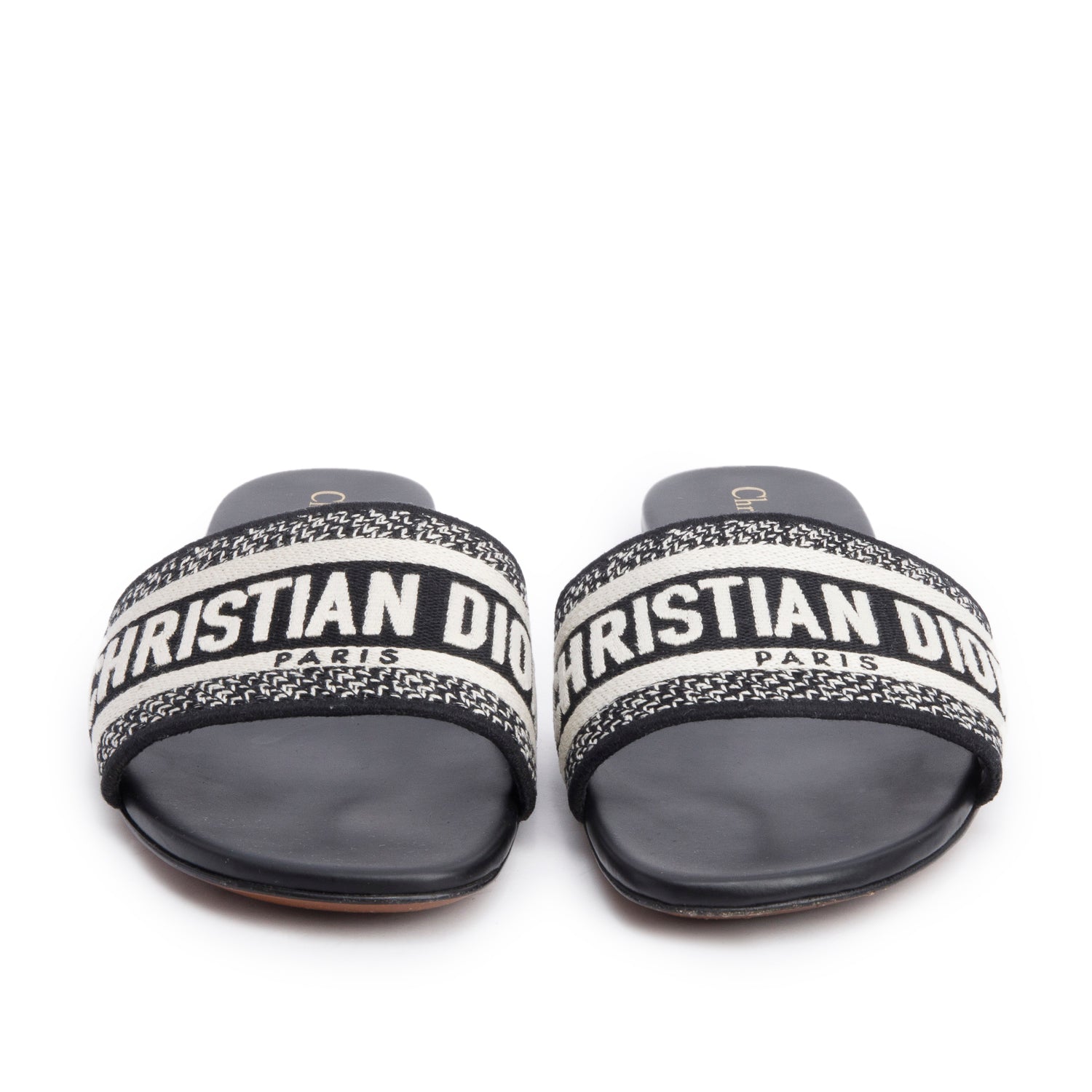 Christian Dior Black Embroidered Cotton Heeled Dway Slide, Size 38.5 w/ Box