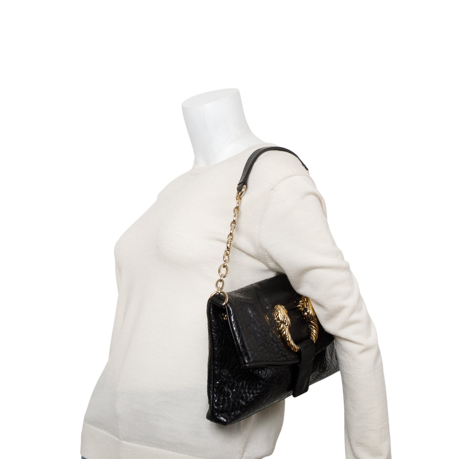 Bvlgari Black Leoni Leather Clutch w/ Chain Strap