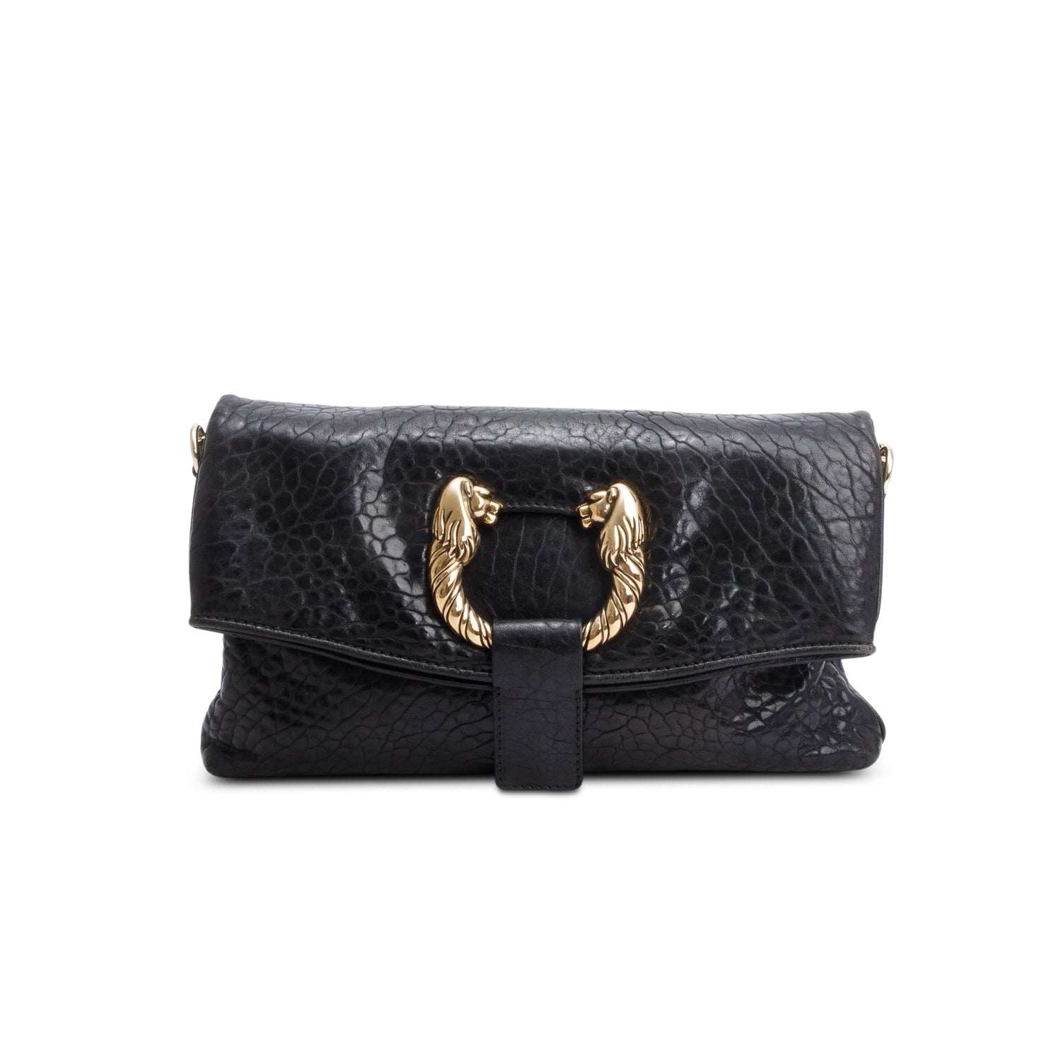 Bvlgari Black Leoni Leather Clutch w/ Chain Strap
